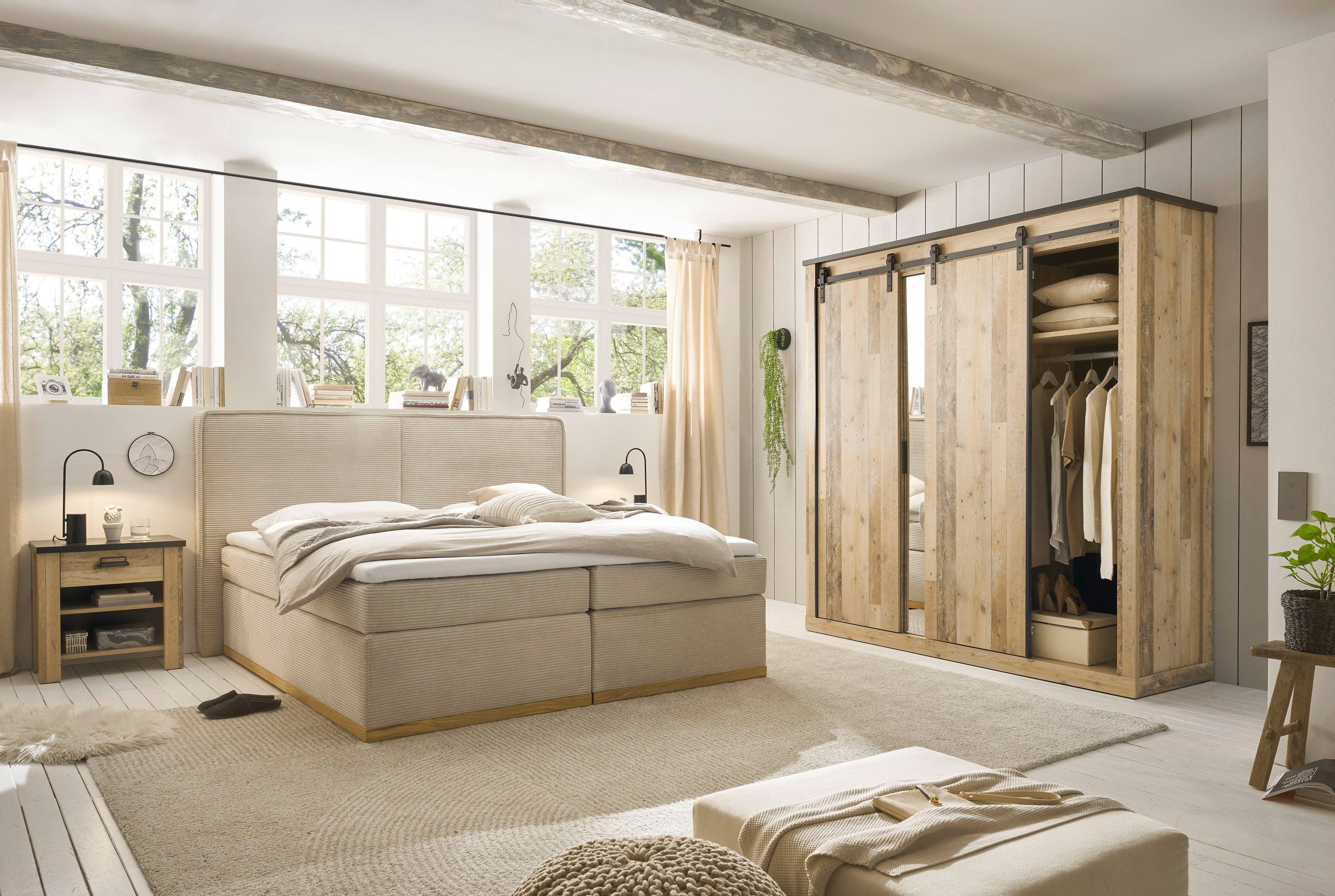 Home affaire Boxspring SHERWOOD Cord Hotelbett, Polsterbett Premiumbett Boxbett Hoogwaardig cord ,zachte velours-structuur, met topmatras, eiken