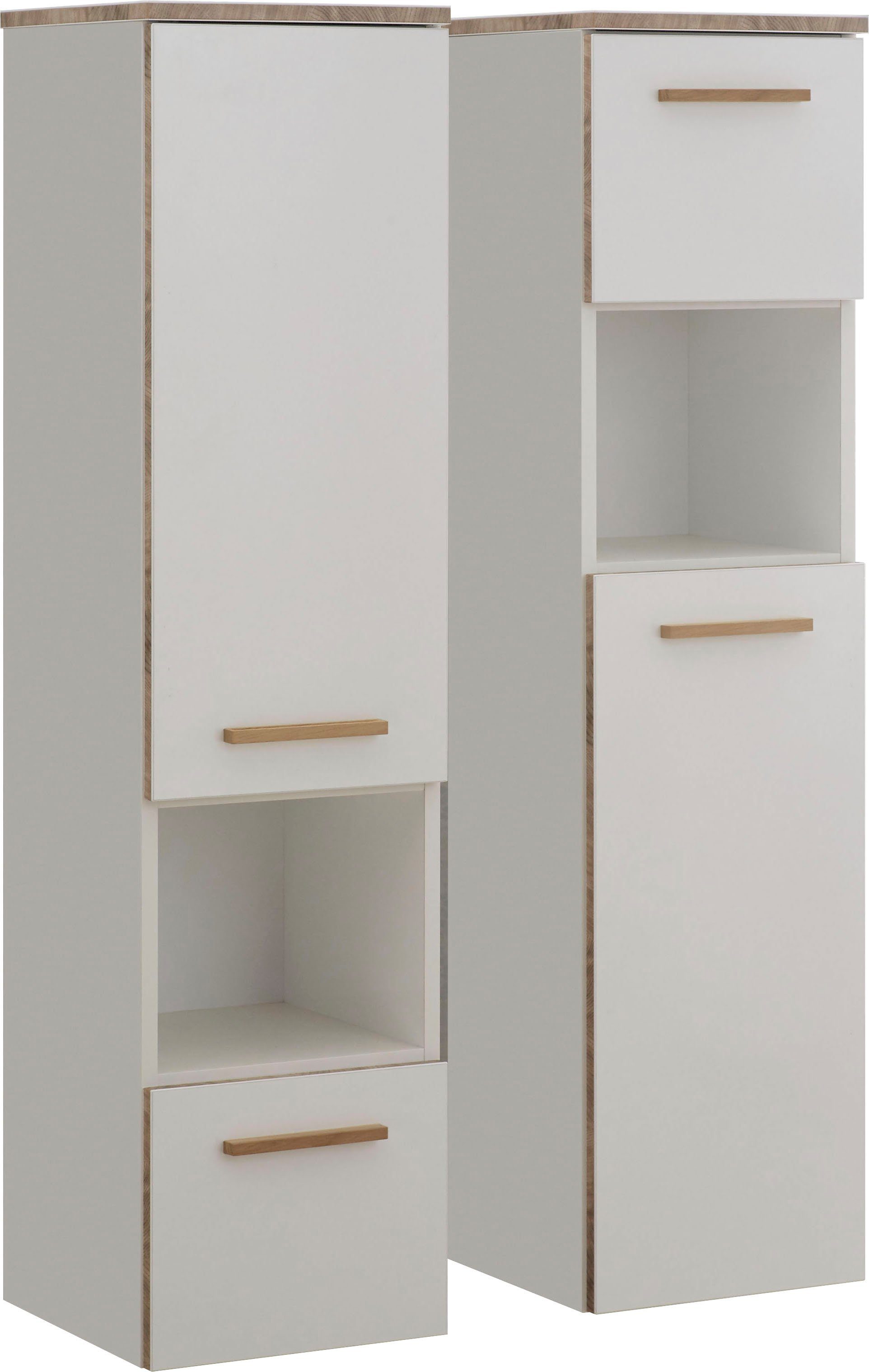 Saphir Halfhoge kast Quickset 931 Badkamermeubel in wit glans, 1 deur, 1 nis, 1 lade 2 glasplateaus, inclusief deurdemper, 30 cm breed, 123,2 cm hoog