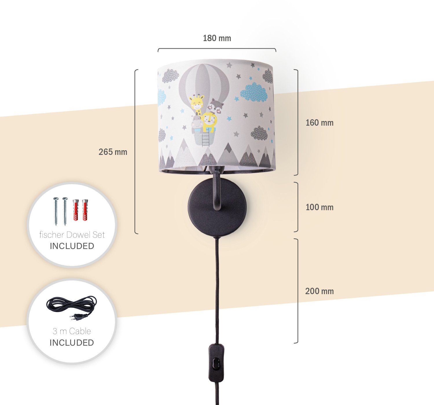 Paco Home Wandlamp Cosmo 343 Lamp kinderkamer stekker âˆ…18cm luchtballon dieren kabel 3m E14