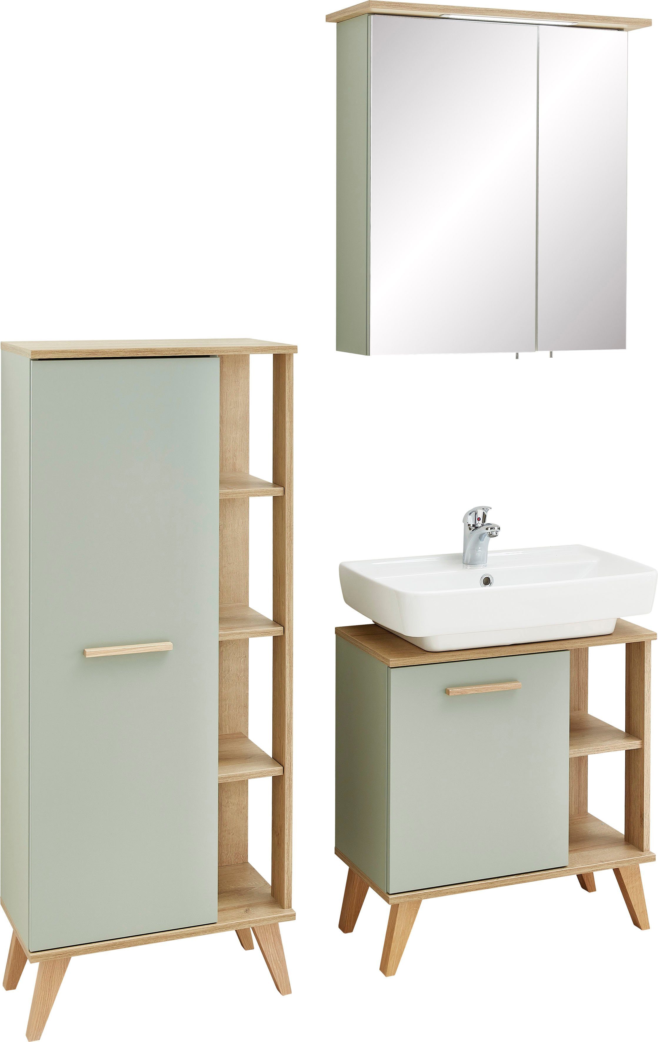 Saphir Badkamerserie Quickset 3-delig, wastafelonderkast met led-spiegelkast Halfhoge kast, incl. deurdemper, 4 deuren, 5 planken, badkamer set