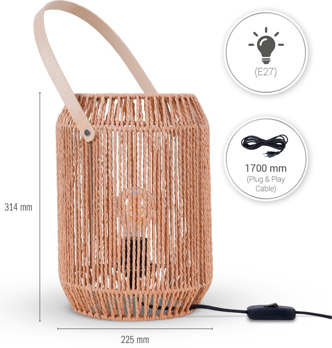 Paco Home Tafellamp Nando Tafel lamp bureaulamp bijzettafel lampenkap Boho mand E27