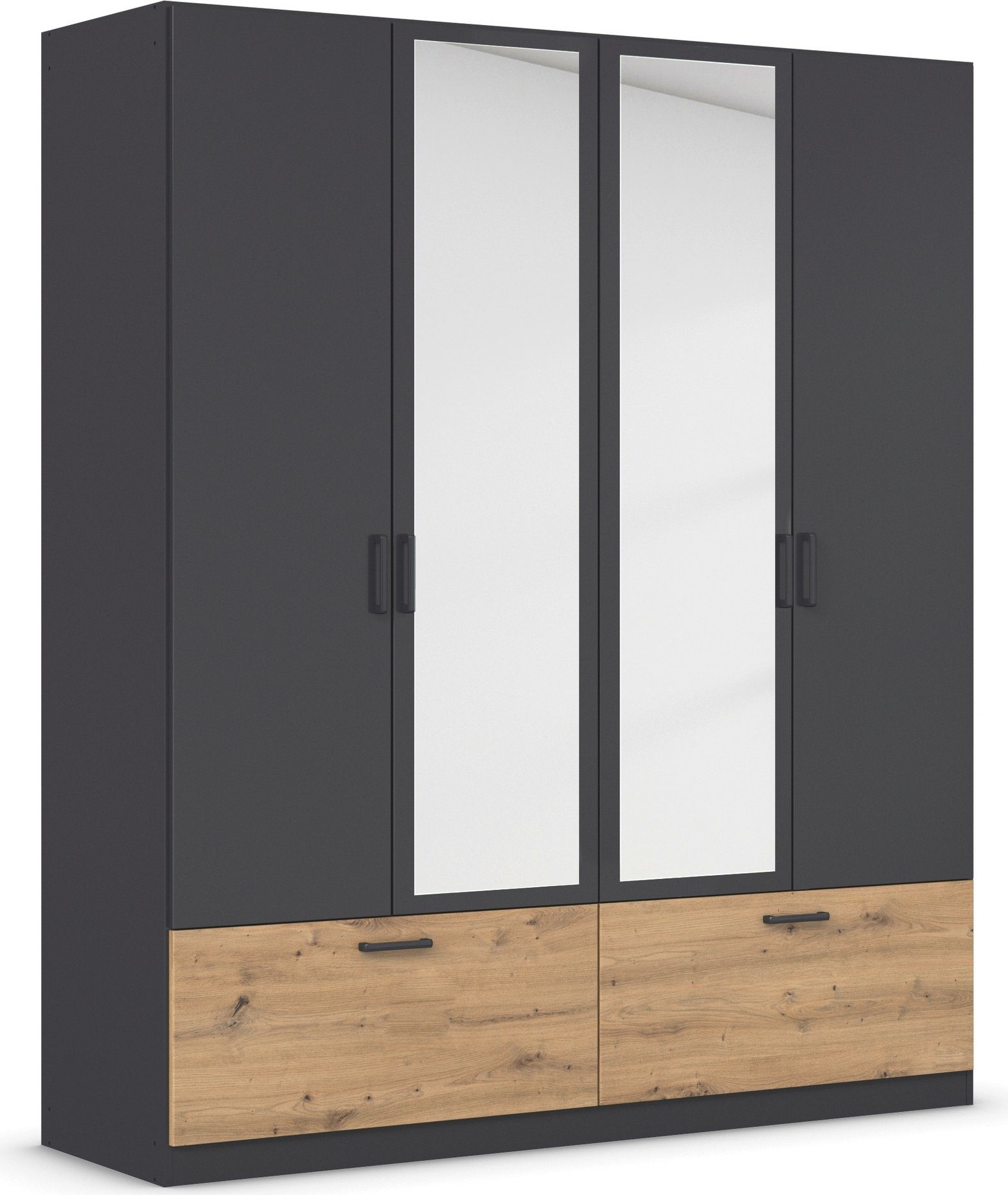 rauch Draaideurkast Kledingkast kast garderobe waskast BARI met spiegel met lades en moderne greep in grijs metallic made in germany