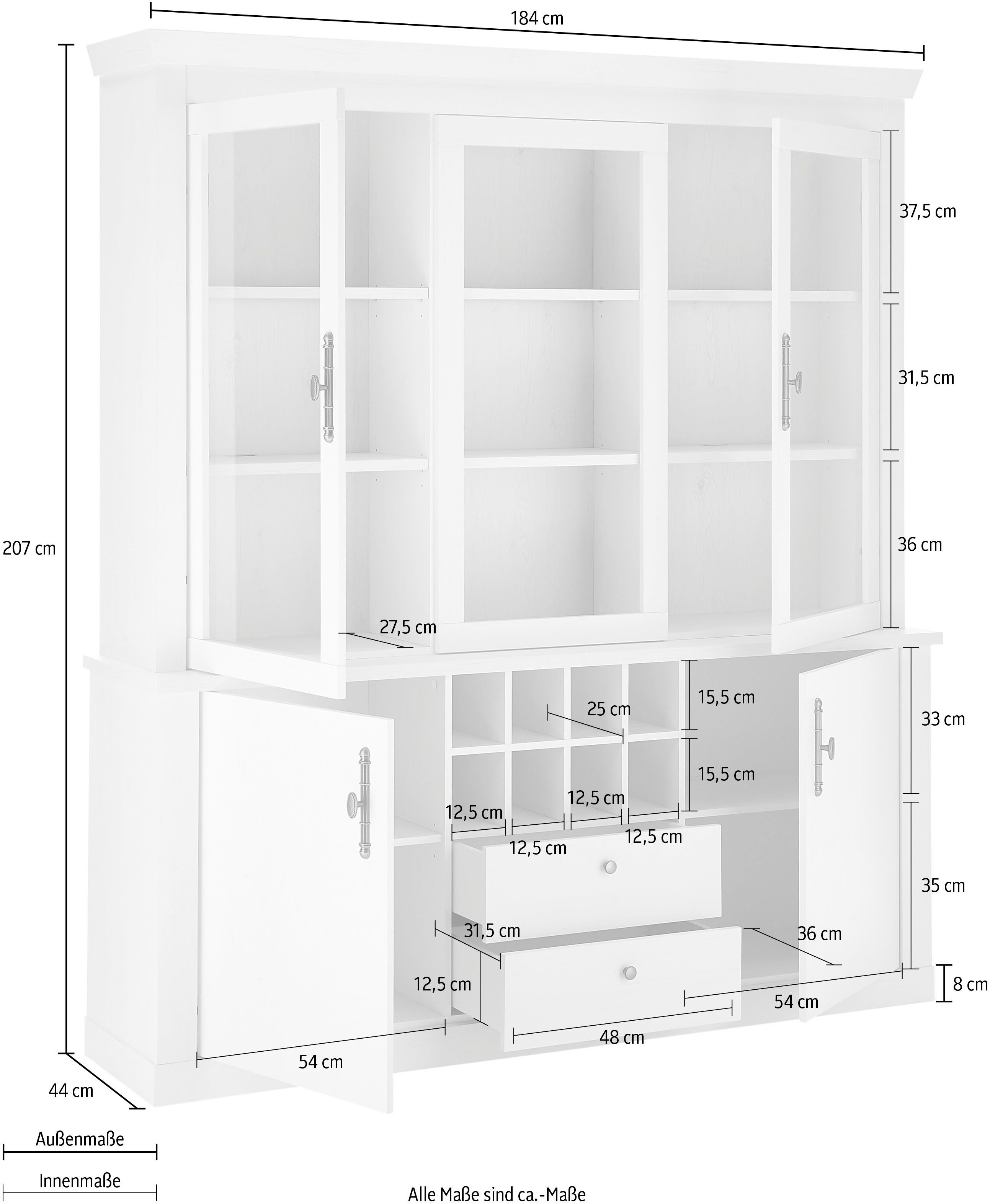 Home affaire Buffetkast Ravenna in romantische landelijke stijl, grepen van metaal, hoogte 207 cm