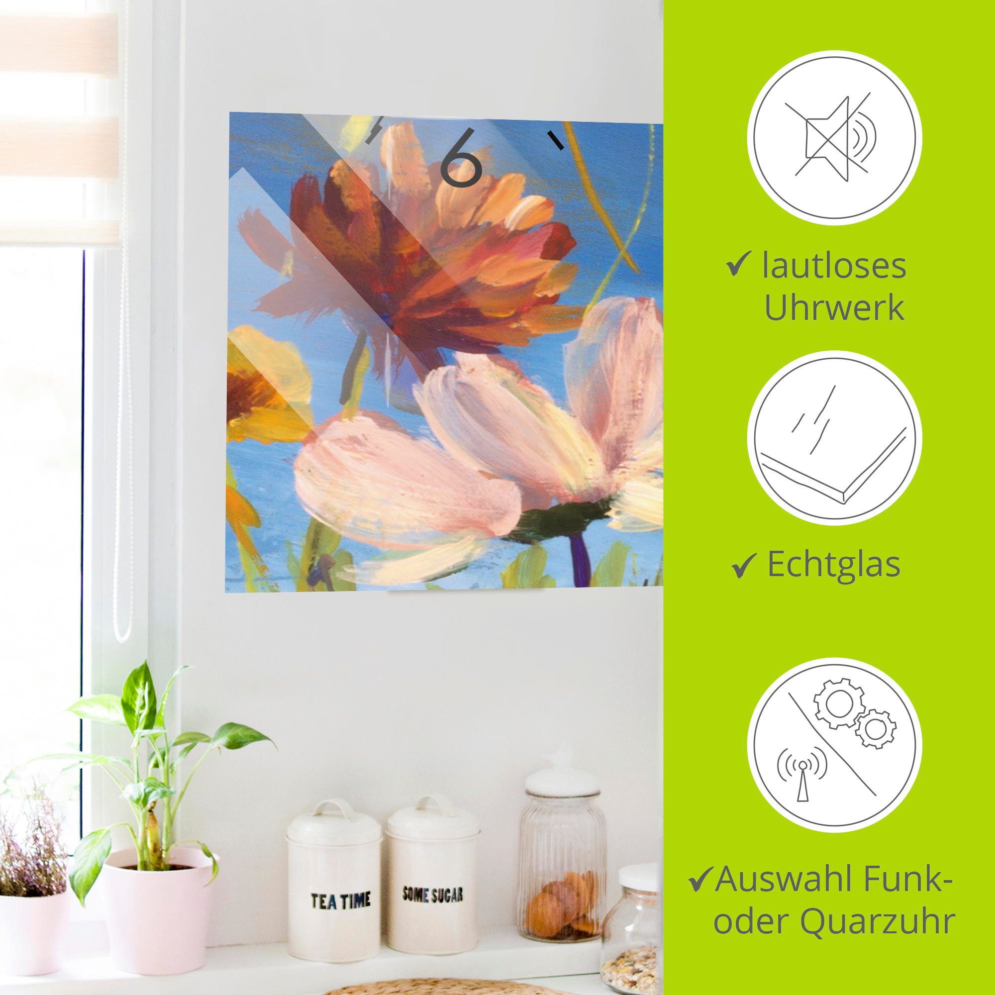 Artland Wandklok Glazen klok weide met wilde bloemen optioneel verkrijgbaar met kwarts- of radiografisch uurwerk, geruisloos zonder tikkend geluid