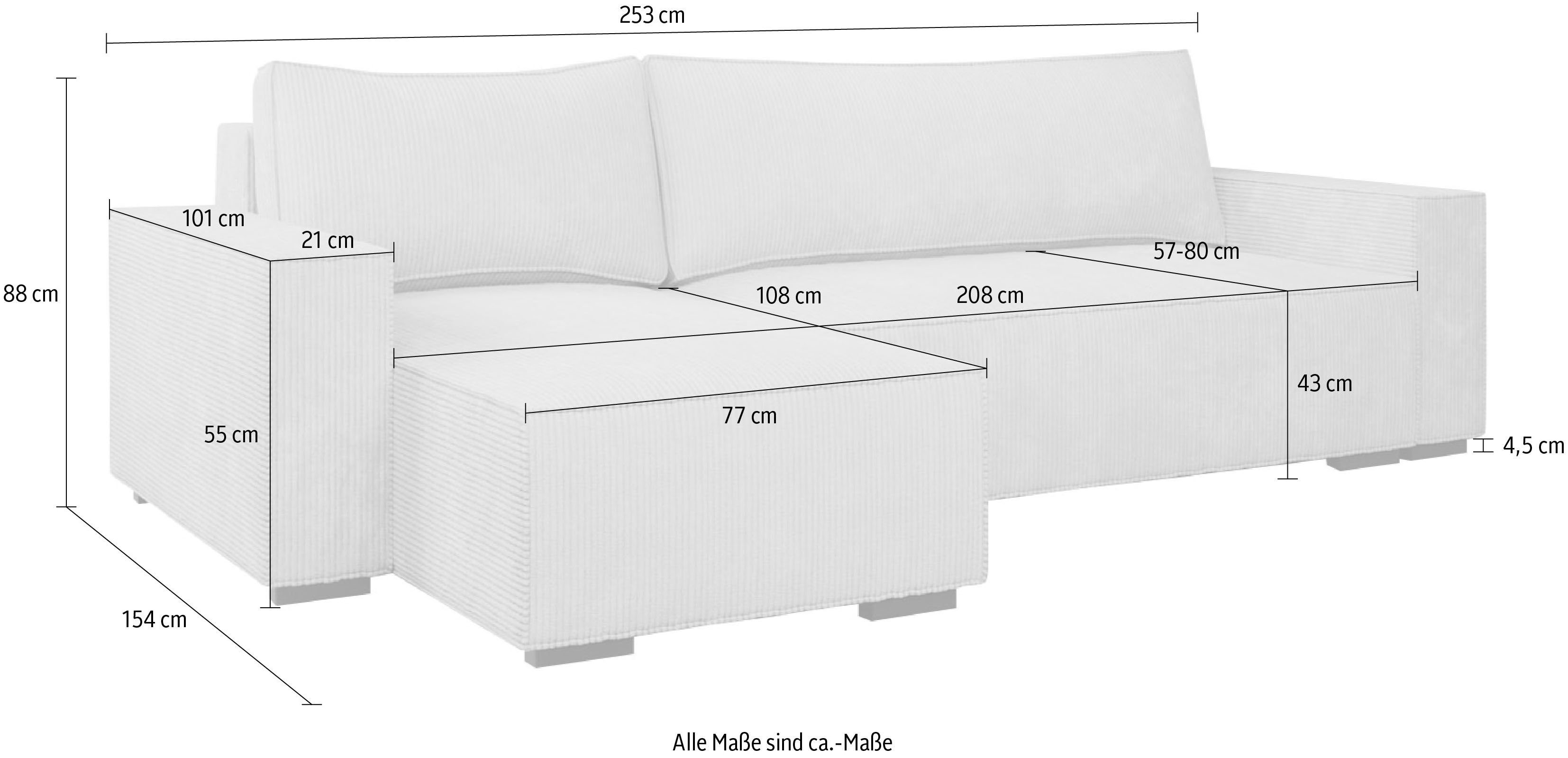 INOSIGN Hoekbank Winton ribfluwelen bank/slaapbank 253 cm Ribfluweel, omkeerbare recamiere, slaapfunctie (130/208 cm), bedbox
