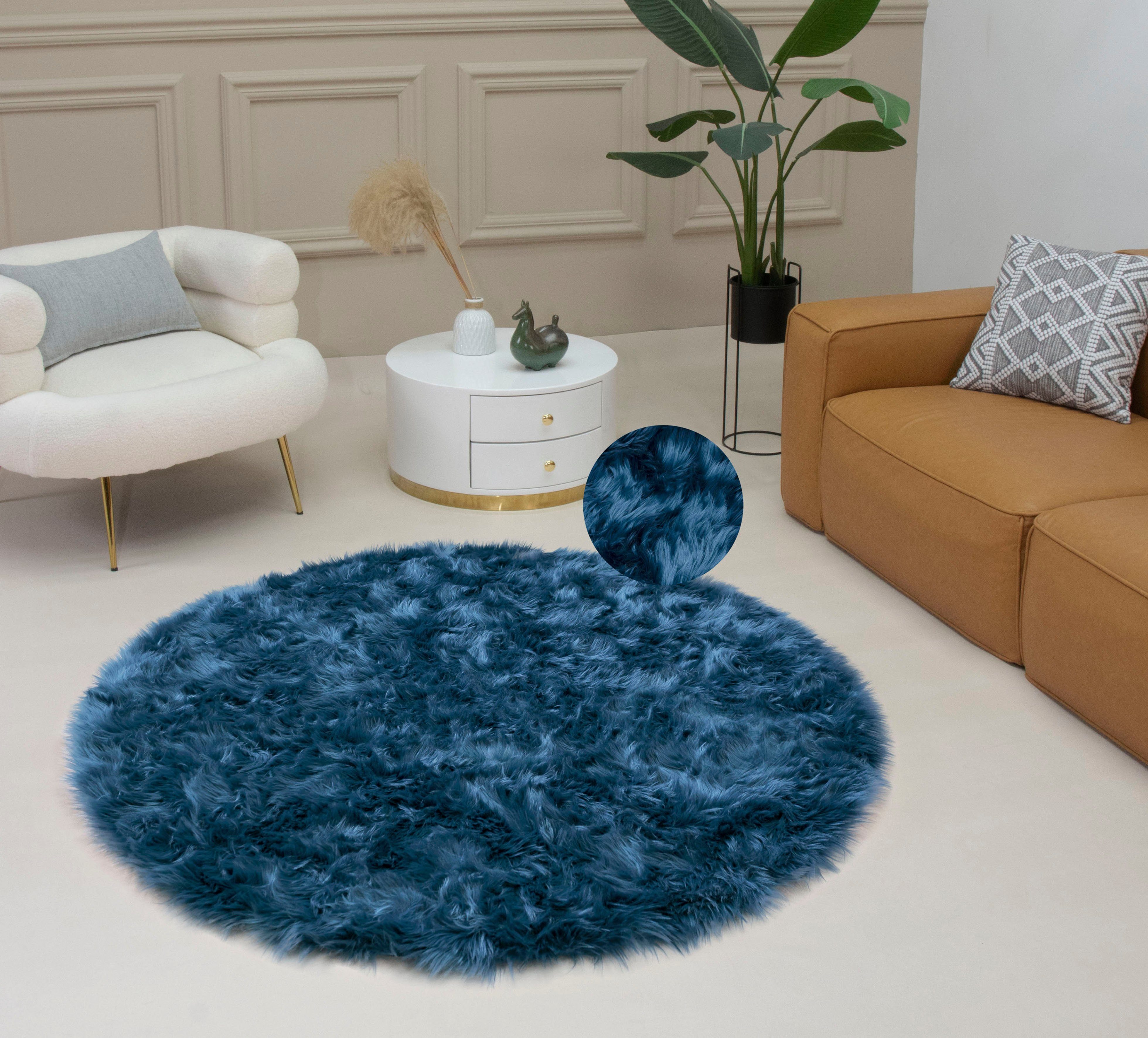 my home Vachtvloerkleed Dena, hoogpolige tapijten Imitatiebont, zacht, unikleuren, woonkamer, slaapkamer, eetkamer dieren vloerkleden blauw