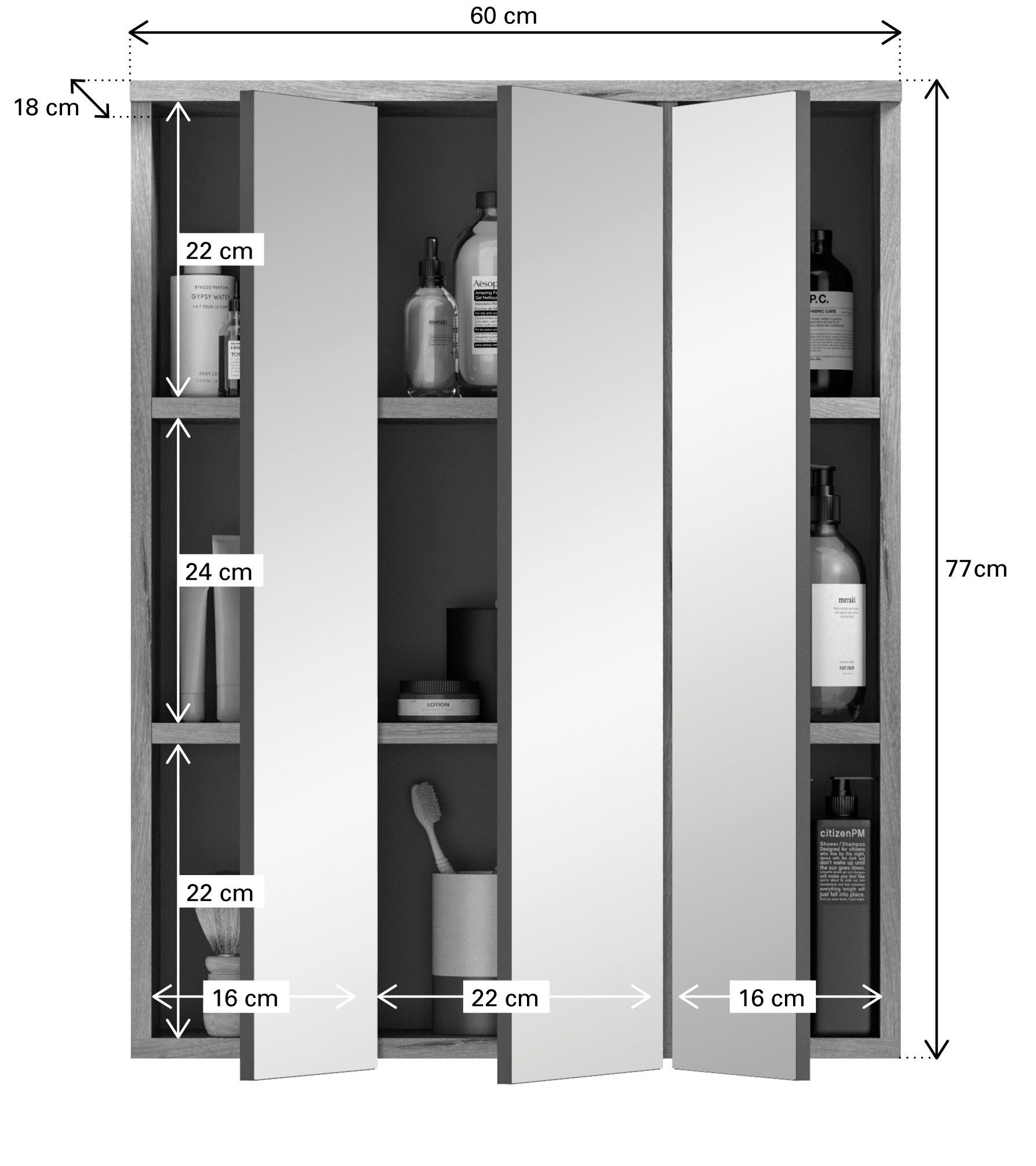 INOSIGN Badkamerspiegelkast Riga, breedte 60cm, 3 spiegelt deuren, 9 vakken, 6 planken