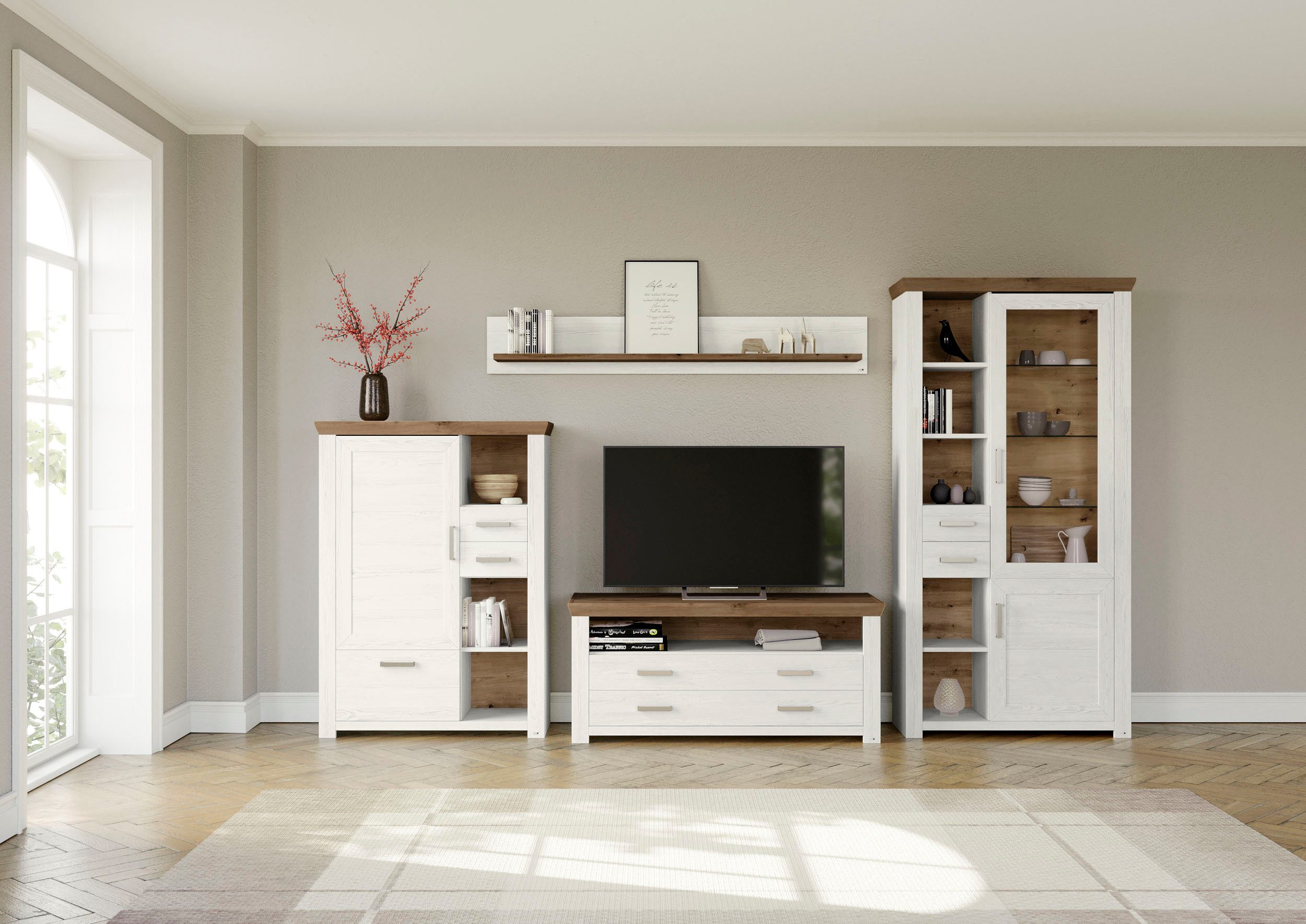 set one by Musterring Wandmeubel York Combinatie met 4 delen, in 3 kleurvarianten, totale breedte 370 cm (4-delig) tv-wandmeubels wit
