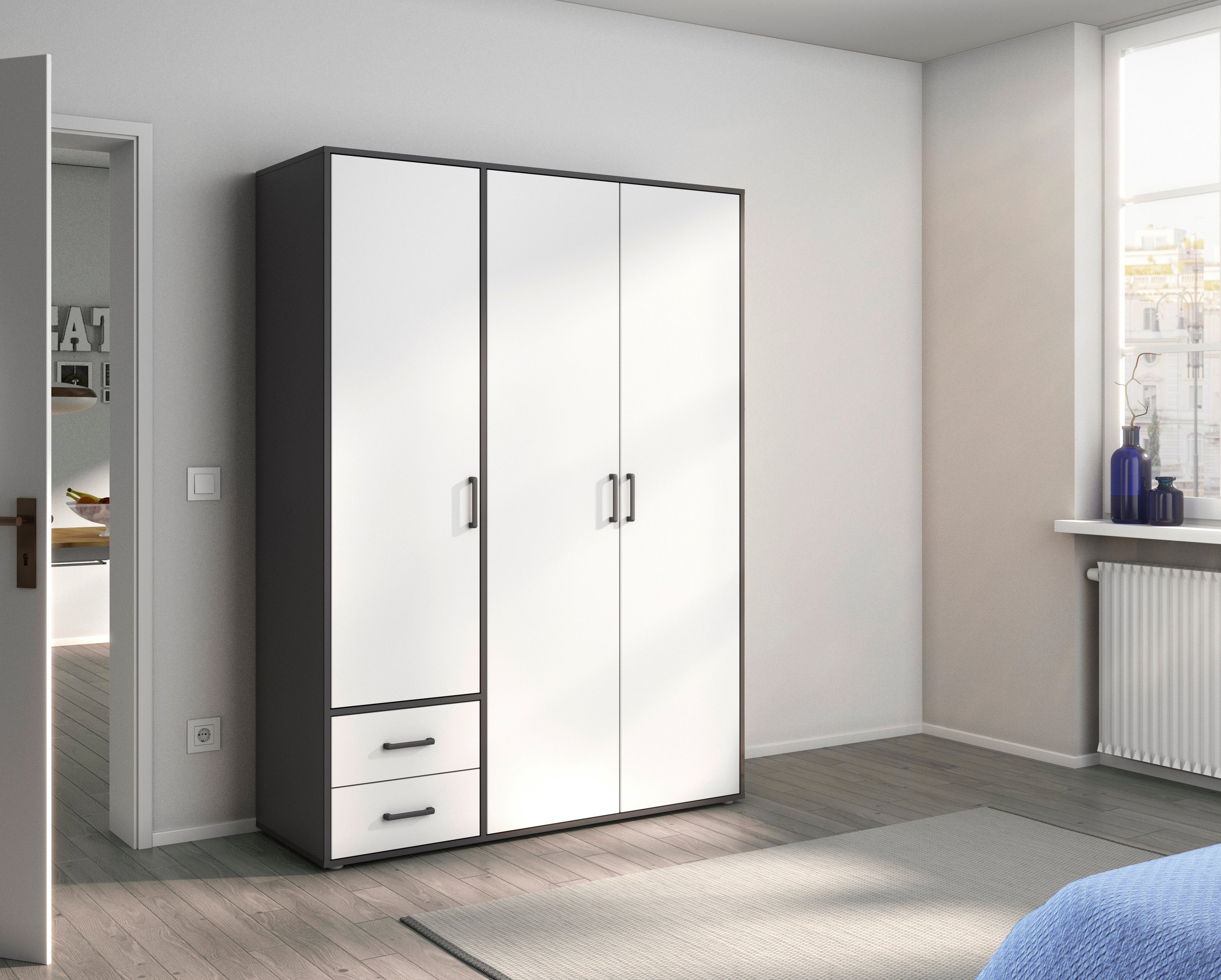 rauch Draaideurkast Voyager, kledingkast met buitenladen, garderobe moderne grepen in grijs metallic met buitenlades made in germany