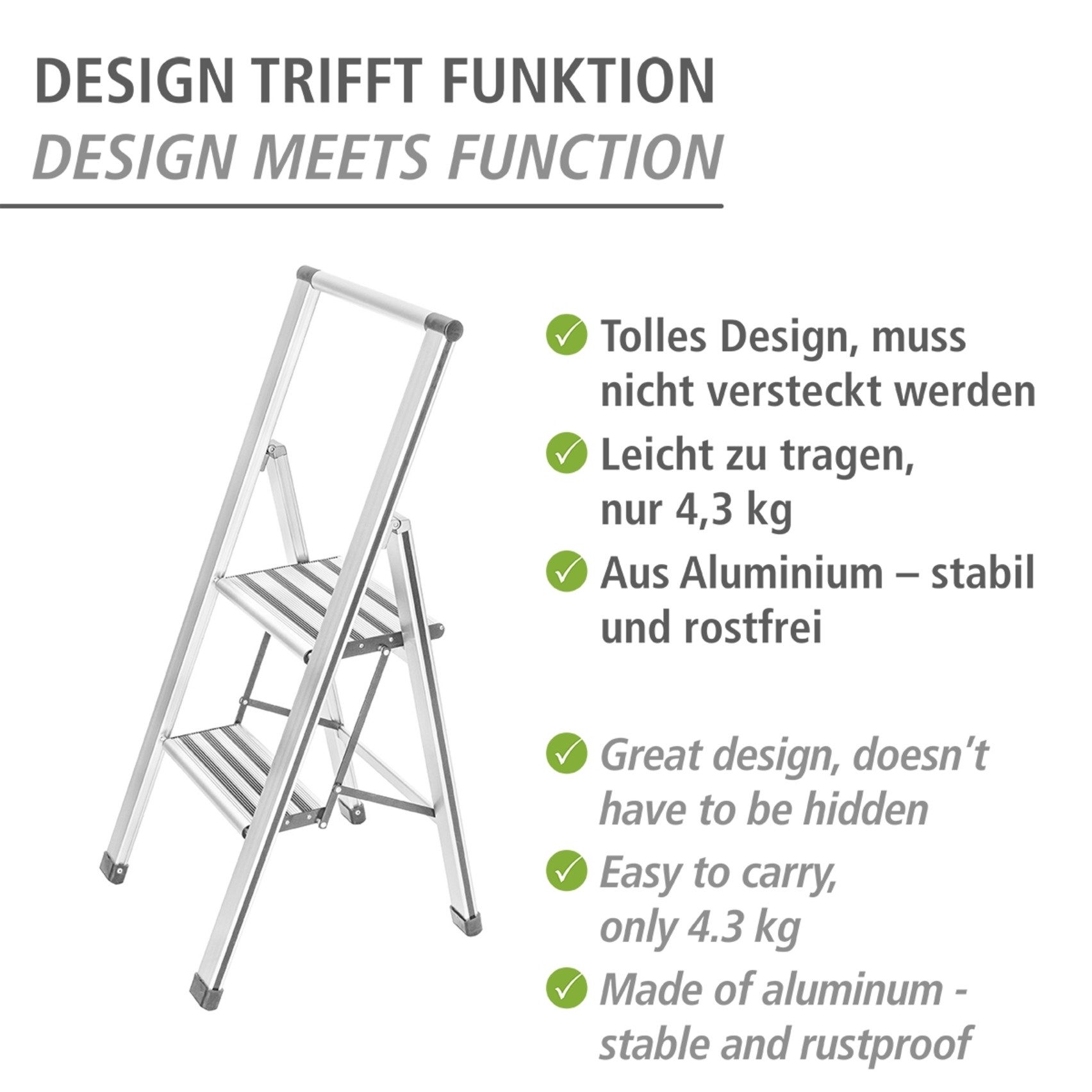 WENKO Huishoudtrapje Model Alu-Design Aluminium-design, XXL-treden, plat inklapbaar