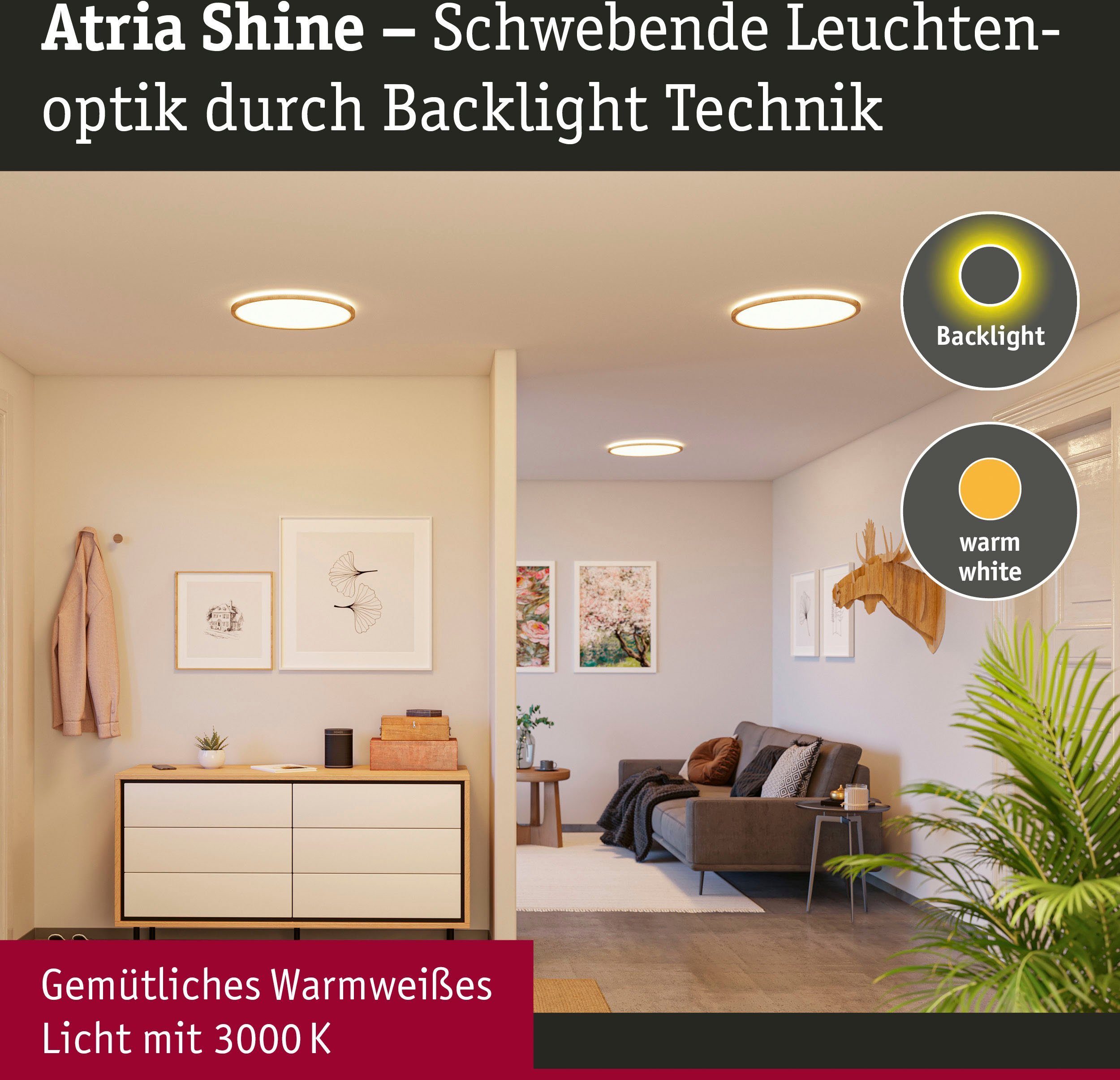 Paulmann Led-paneel Atria Shine 22W 3000K 420mm eik kunststof IP44