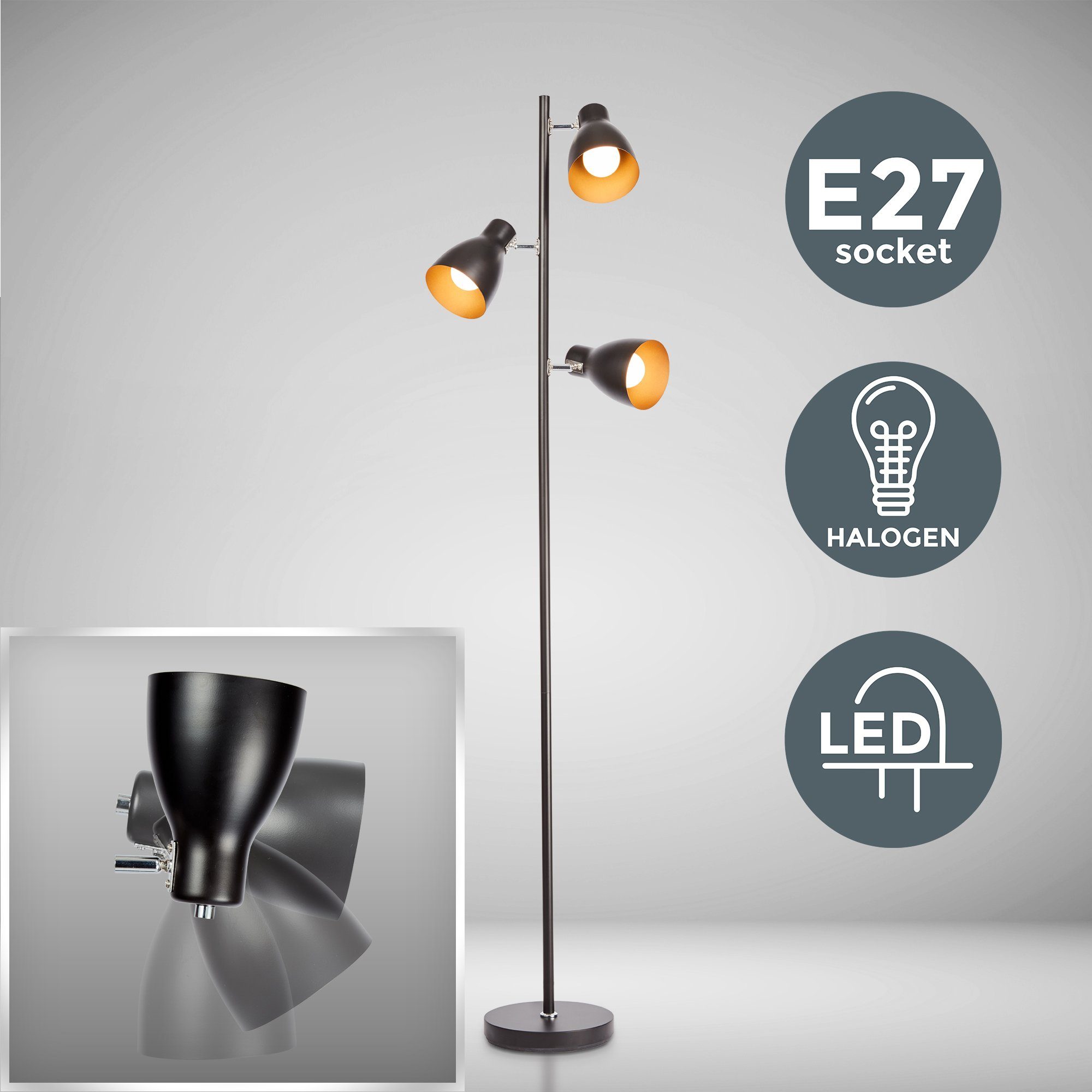 B.K.Licht Staande lamp LED vloerlamp design retro vintage metaal zwart-goudkleur