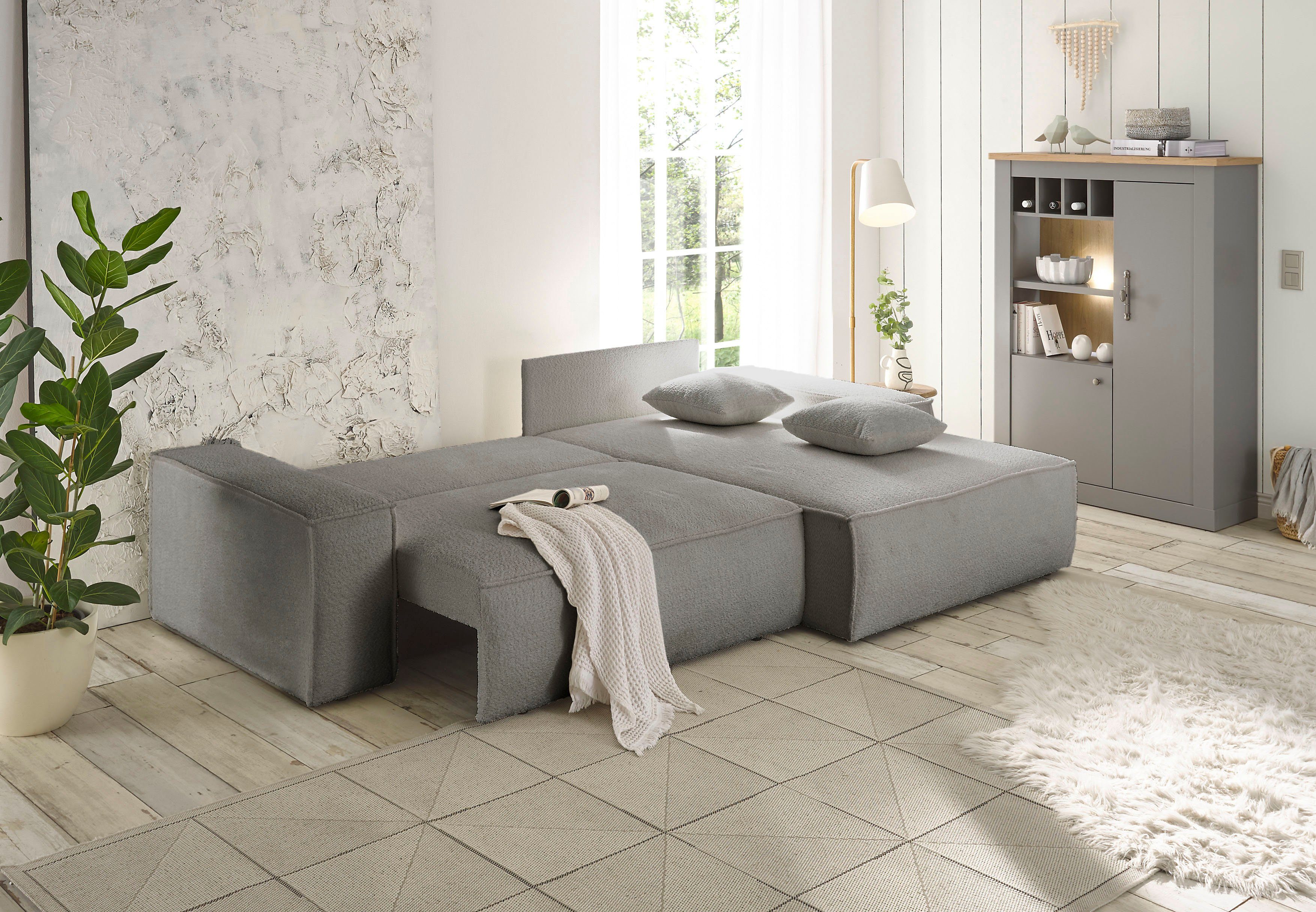 andas Hoekbank Finnley slaapbank 267 cm in Bouclé, fijne structuur en cord, L-vorm