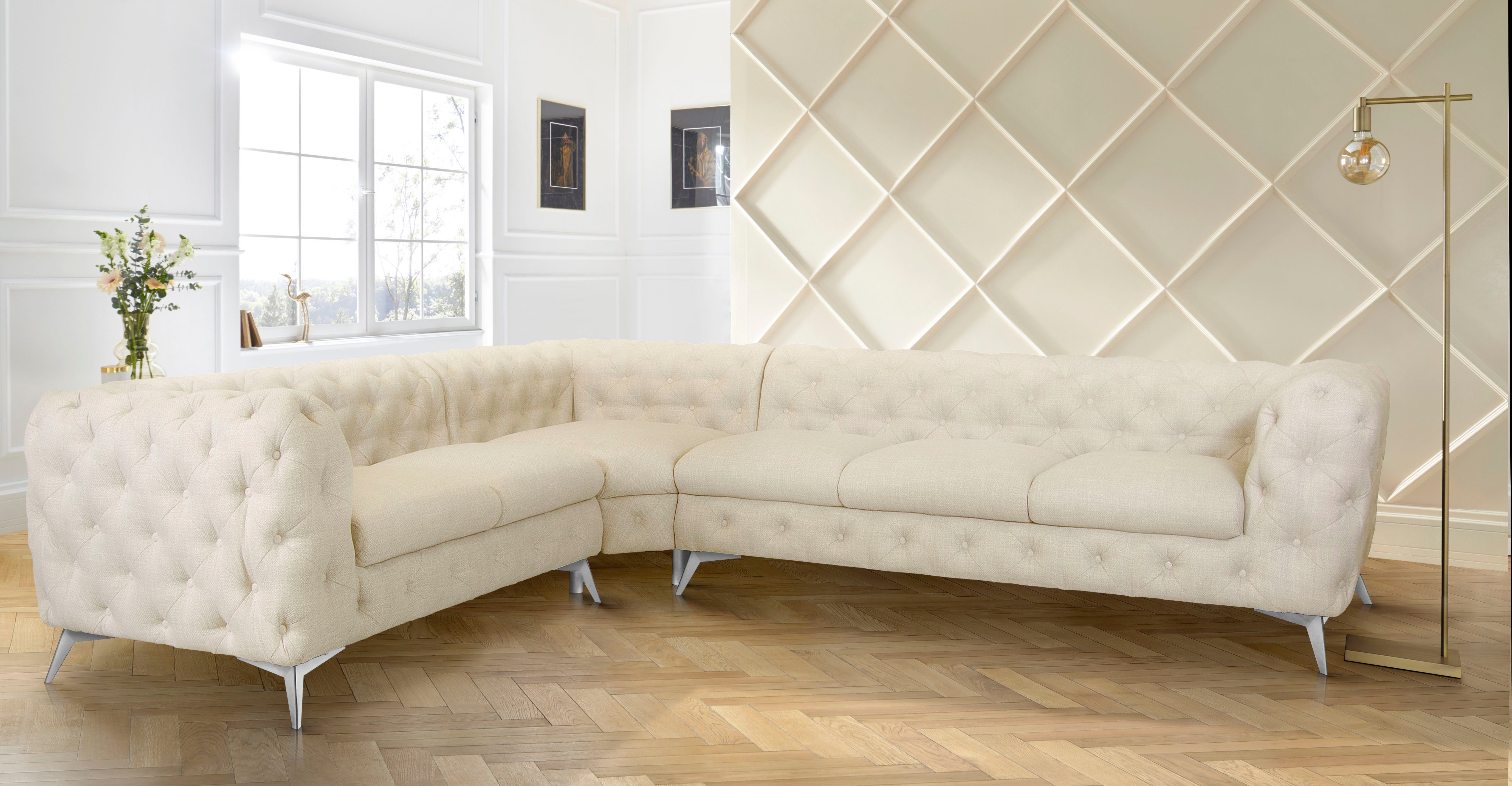 Leonique Chesterfield-bank Glynis L-vorm luxueuze capitonnage, moderne chesterfield look, kleur van de poten ter keuze