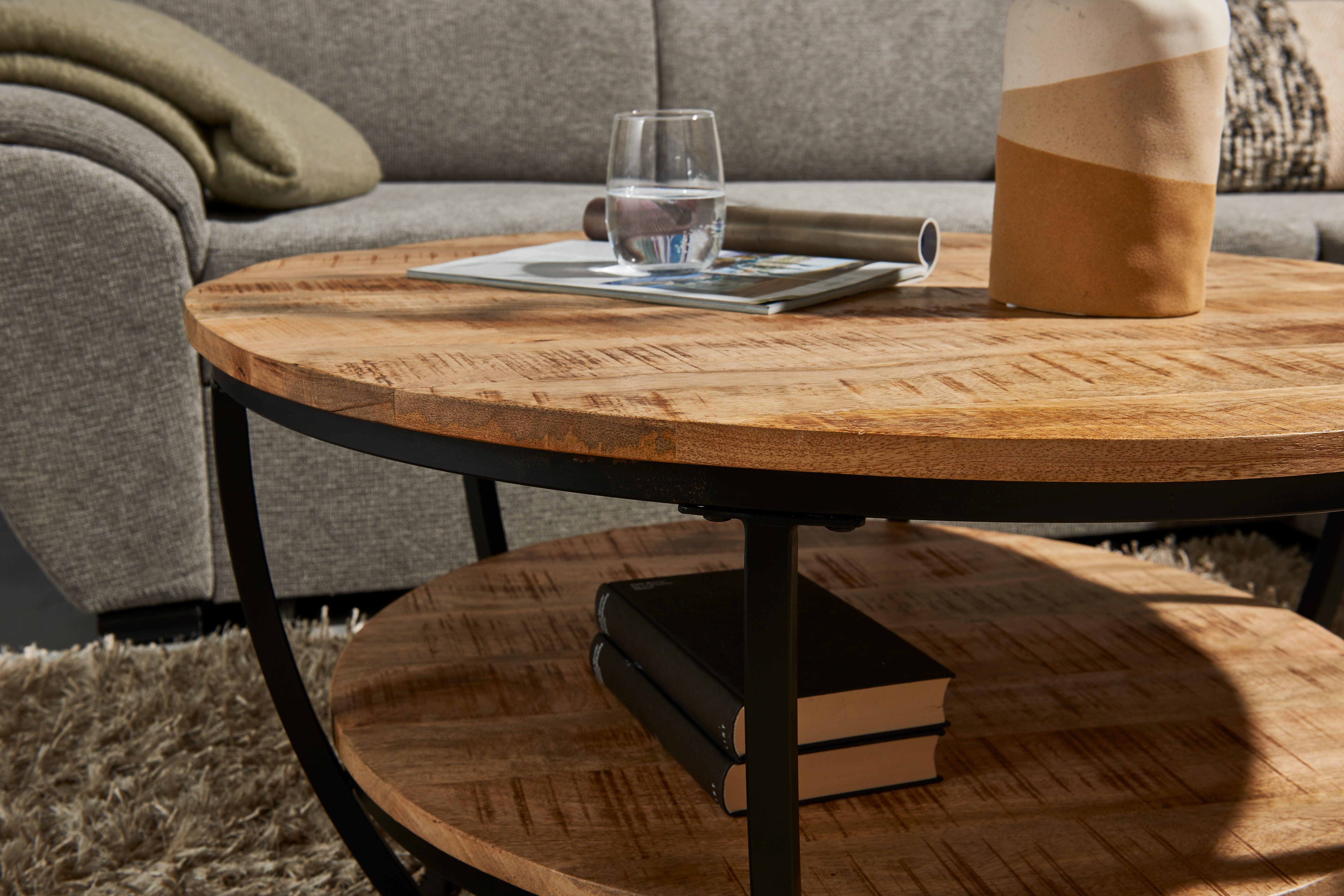 Stolkom Salontafel Jambi, TOPSELLER! rond massief hout met plank