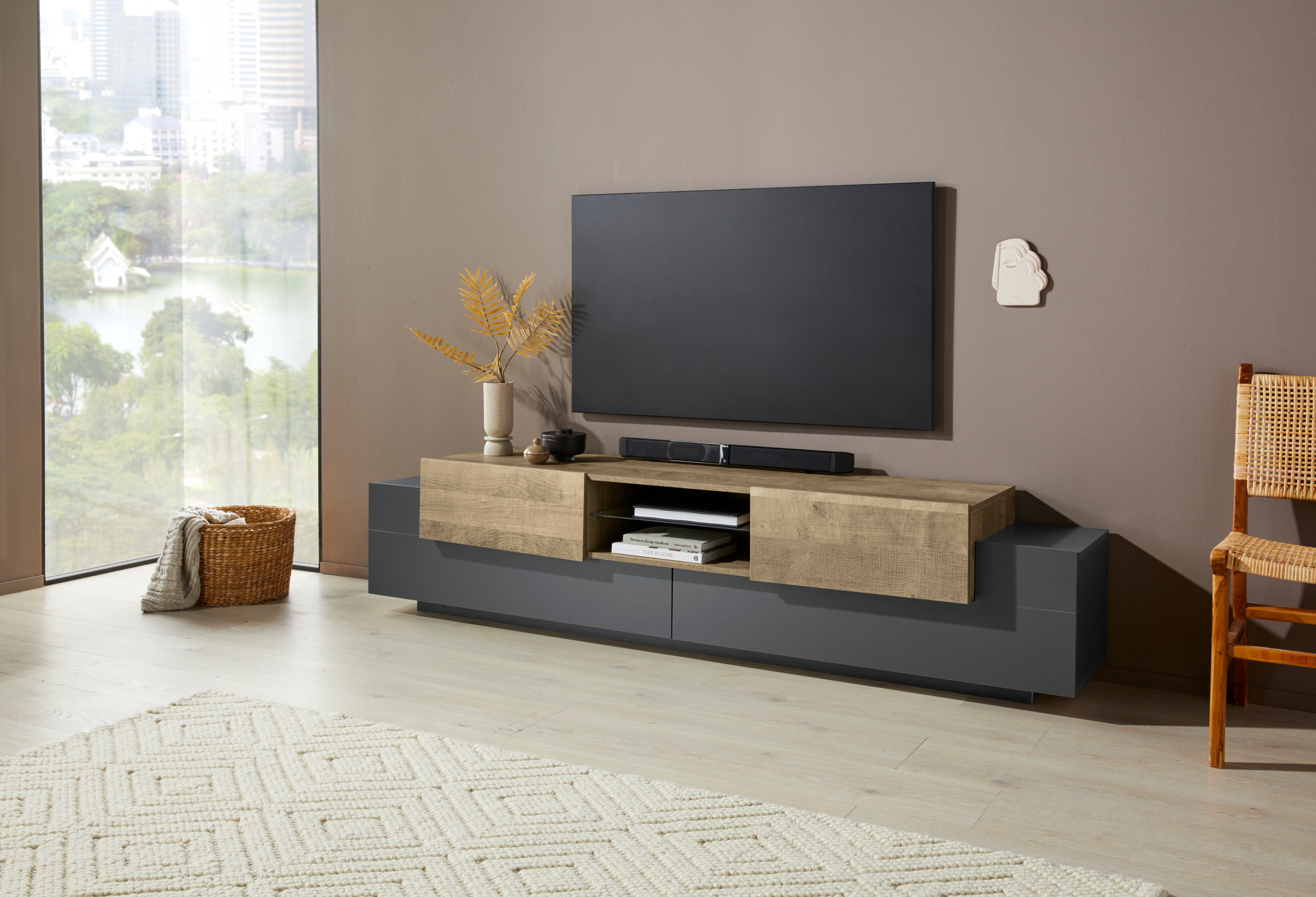INOSIGN Tv-meubel Coro, lowboard, TV-commode, TV-meubelen, TV-bank met 2 kleppen, 2 deuren, 1 glazen plank, breedte 220
