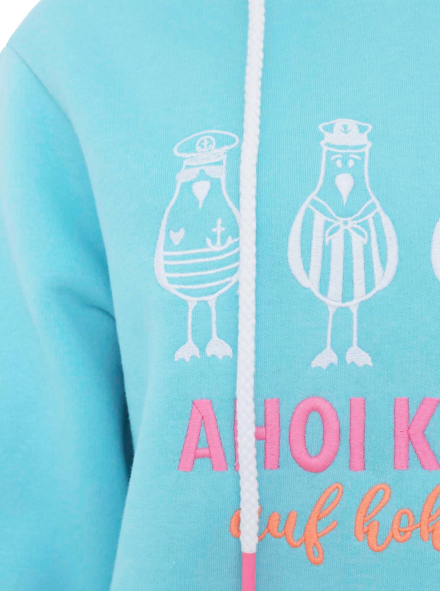 Zwillingsherz Hoodie met maritieme boodschap, grappige meeuwen, kangoeroezakken en borduursel