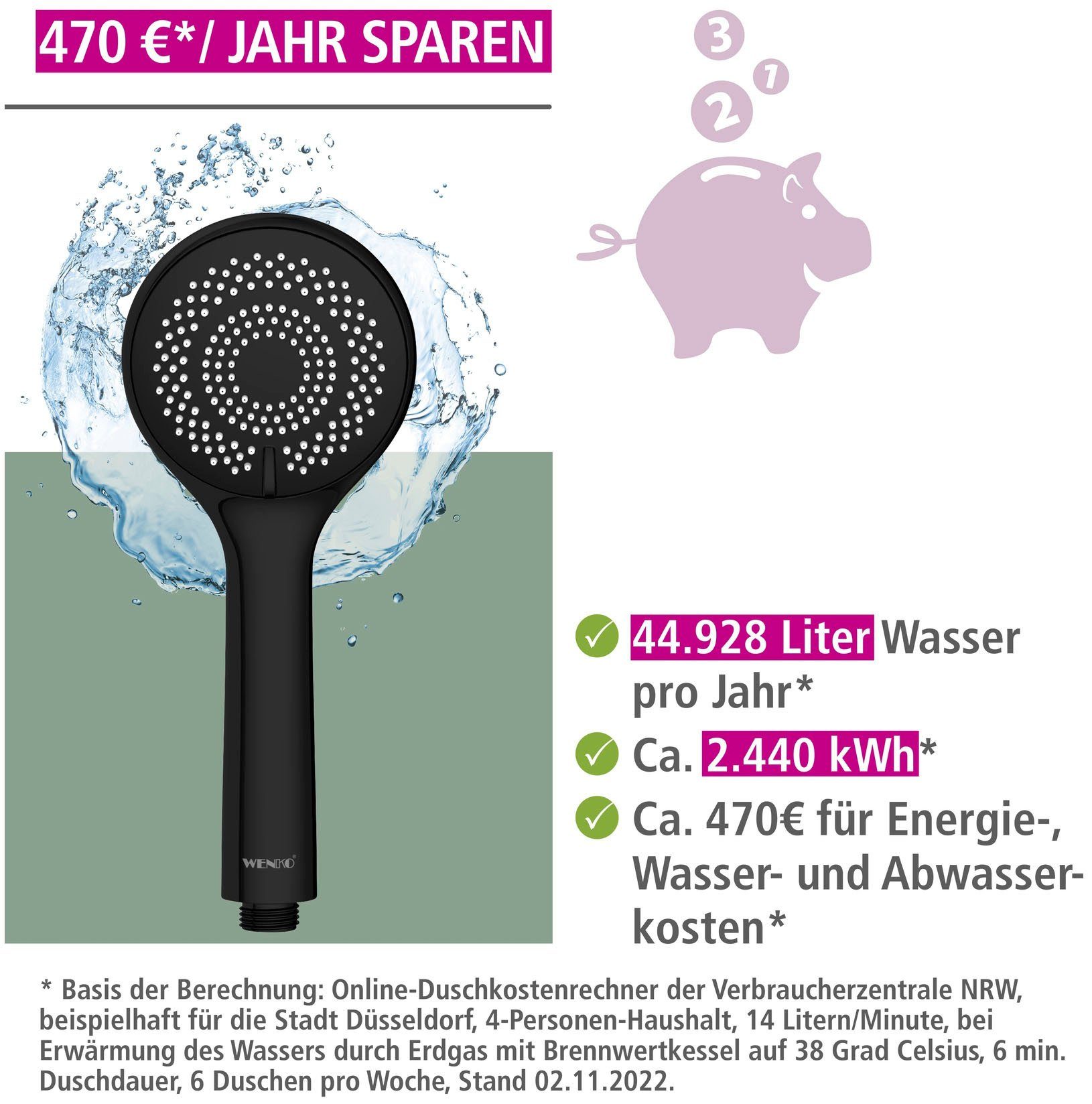 WENKO Handsproeier Watersaving Mat zwart, Ø 9,5 cm (1-delig)