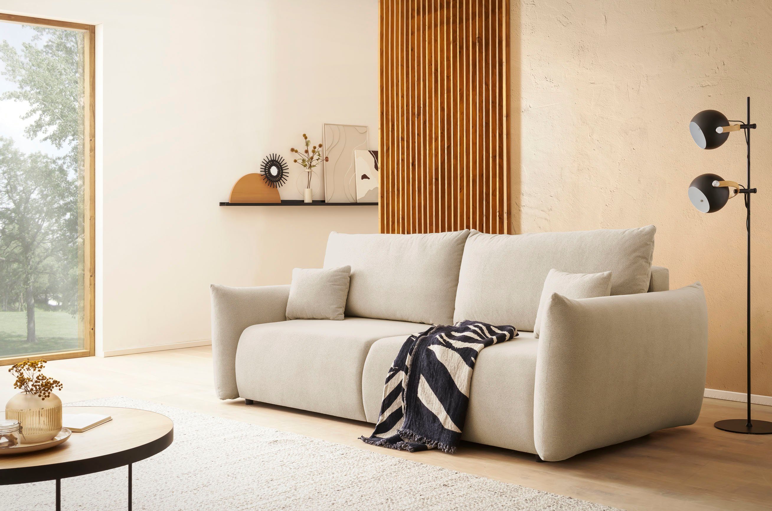 INOSIGN 3-zitsbank MAVAS slaapbank met bedlade ca. 240/108 cm (ligoppervlak 212/145 cm), ribfluweel, chenille, structuur