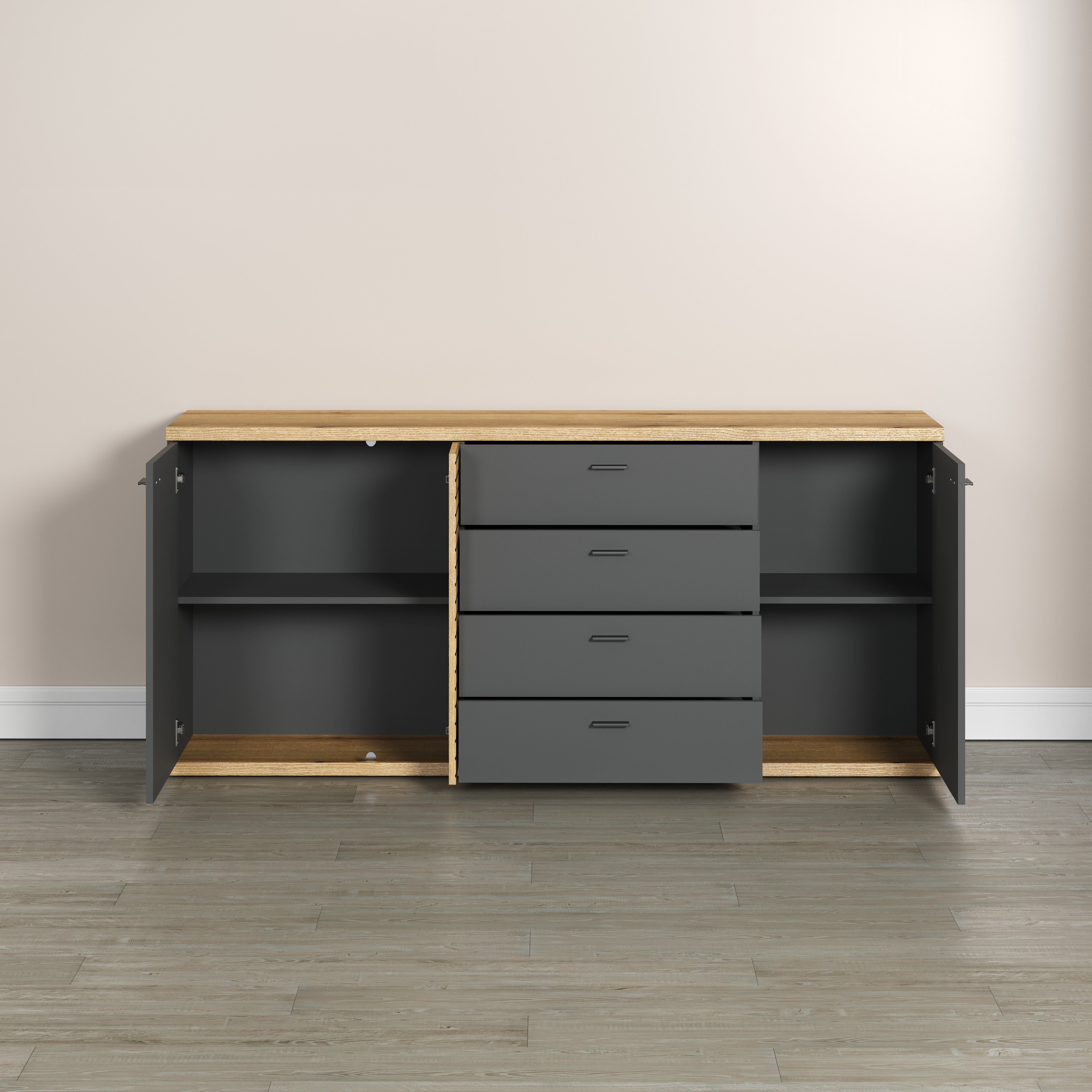 INOSIGN Dressoir GALWAY Commode met trendy ribbellook en Soft-Close - 186/42/85 cm