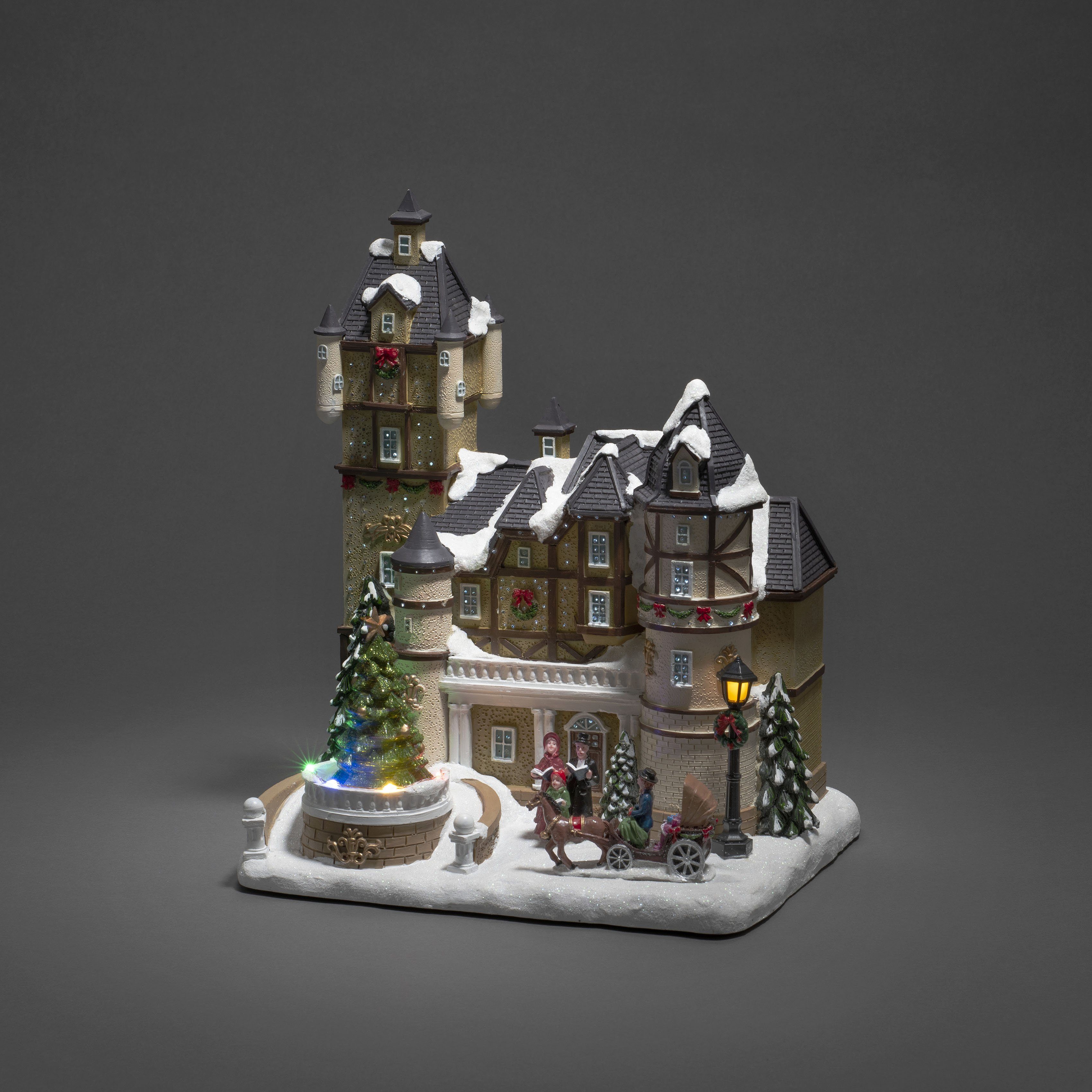 KONSTSMIDE Kerstfiguur Kerst versiering Ledhuis in fiber-look met kasteel + roterende kerstboom, met muziek (1 stuk)