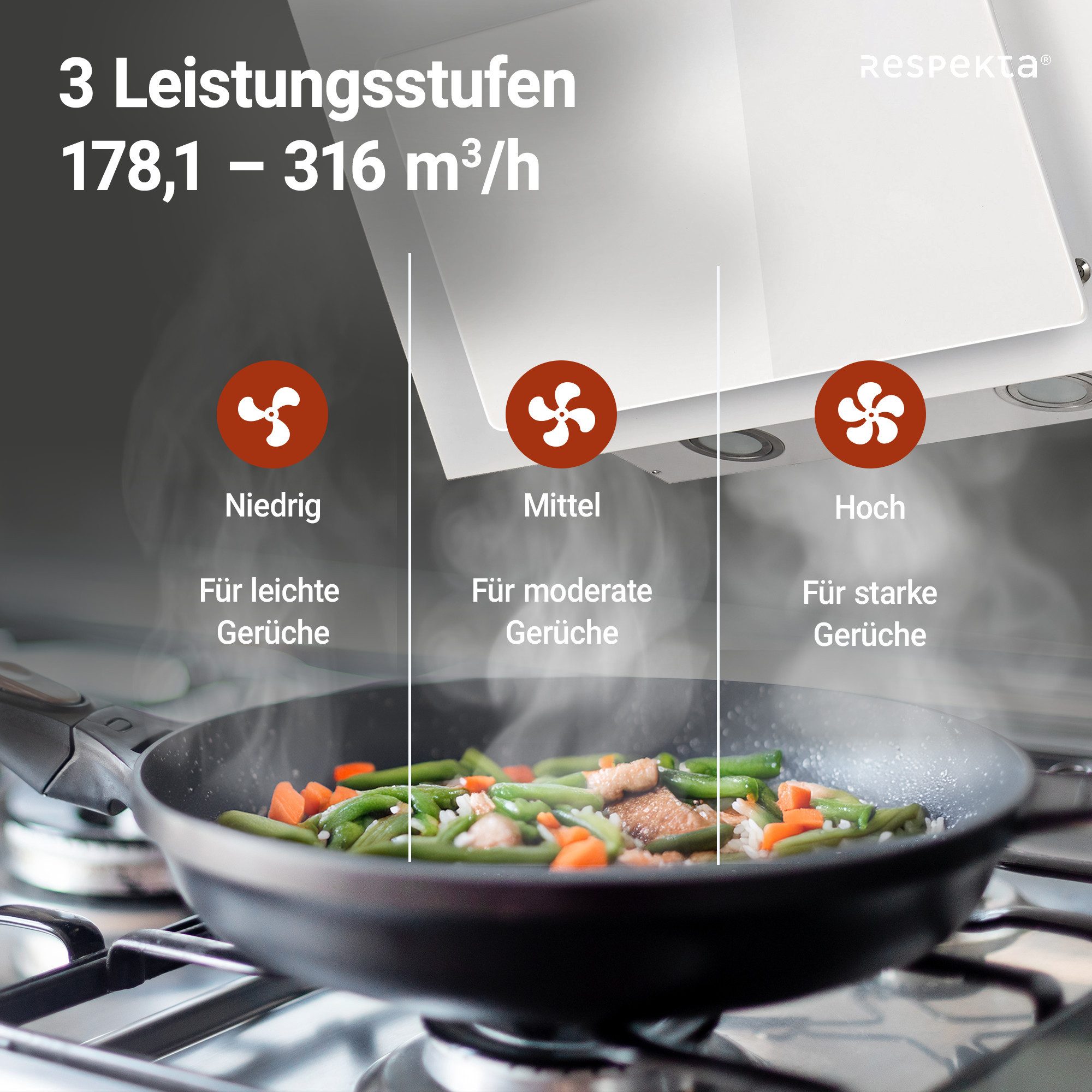 RESPEKTA Schuine wandkap CH 33060 60 cm, 3 vermogensniveaus, led-verlichting, geschikt voor afzuiging en recirculatie