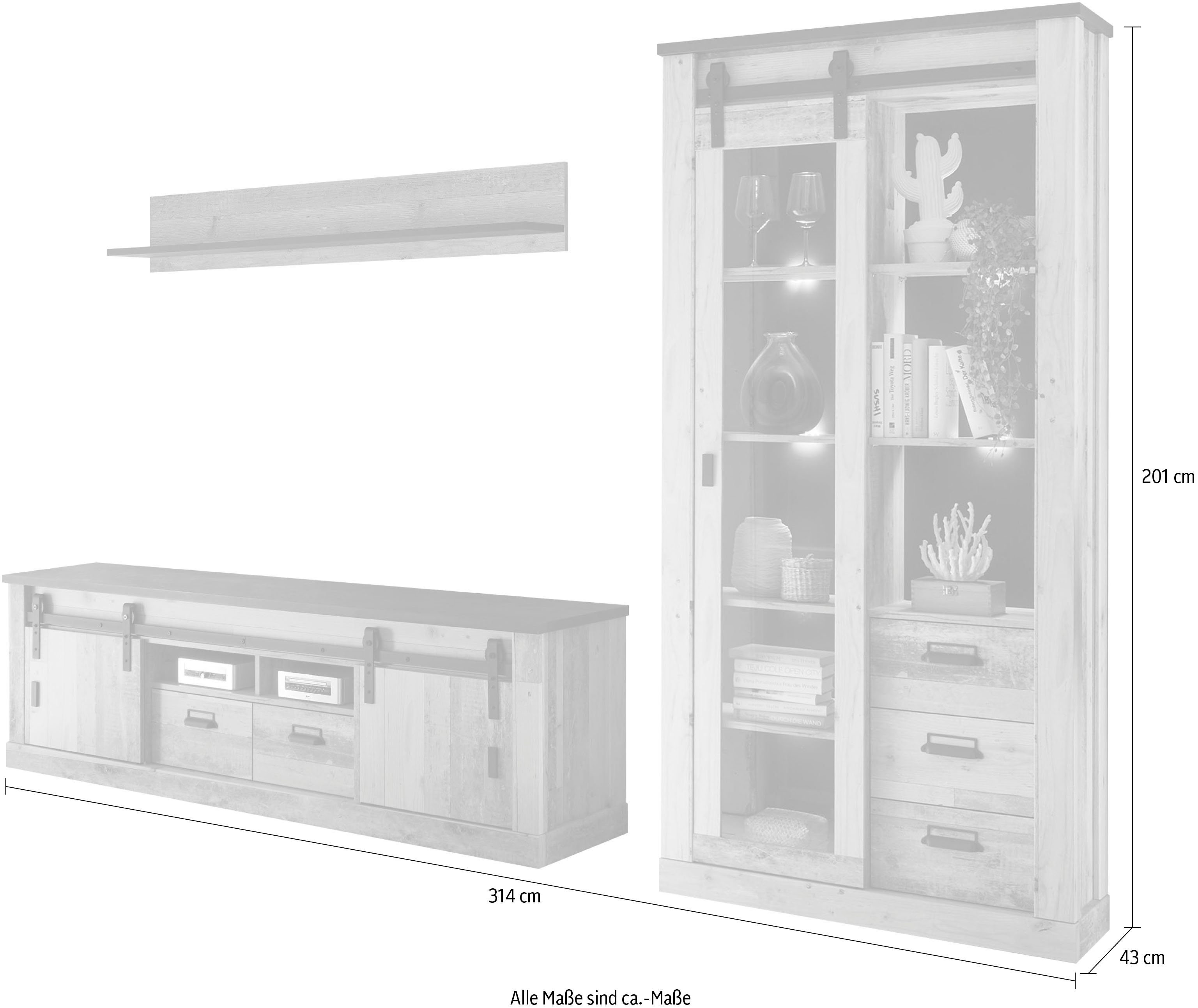 Home affaire Wandmeubel Sherwood Schuurdeurbeslag en apothekersgrepen van metaal, hoogte 201 cm (3-delig)