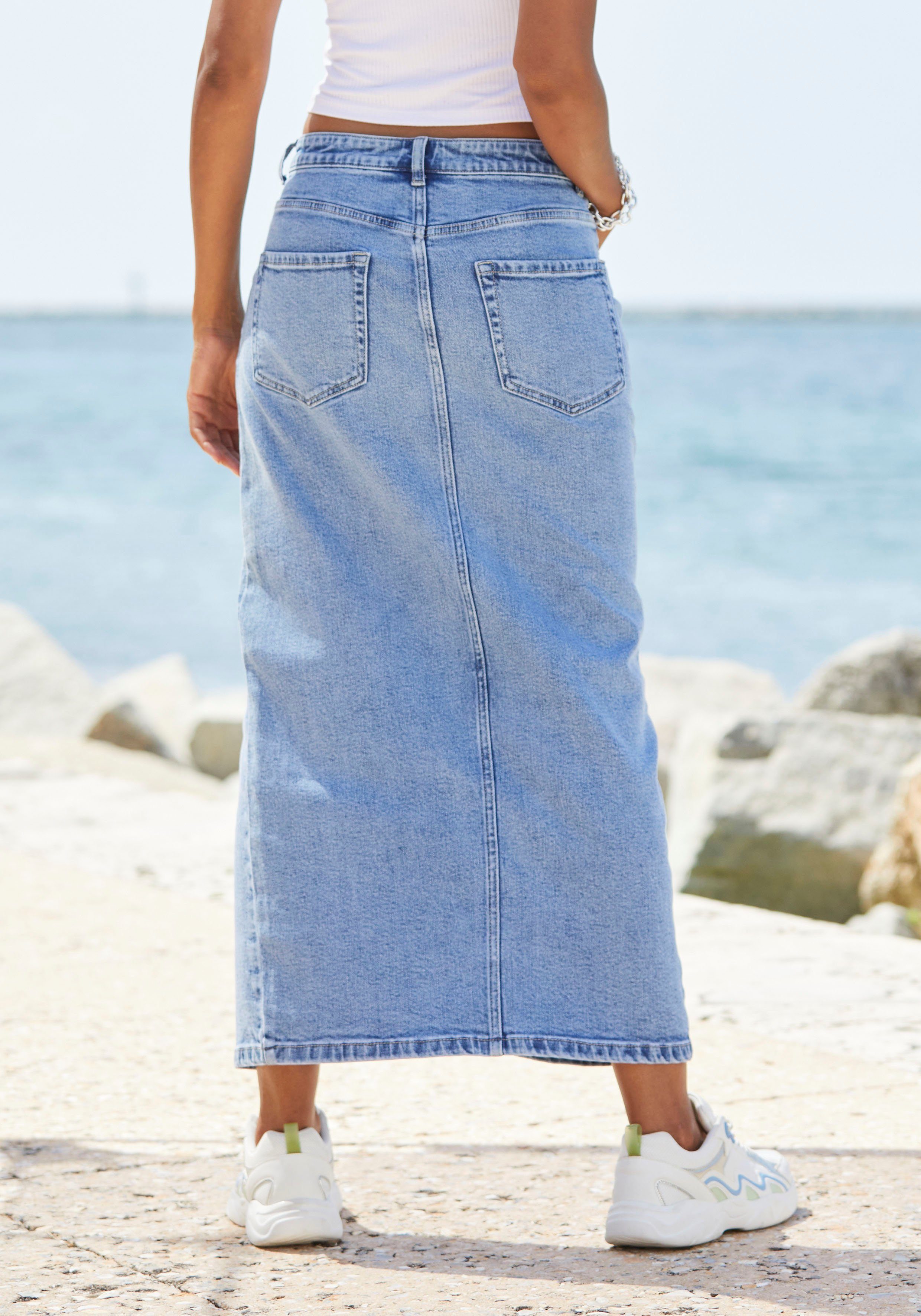 Buffalo Jeans rok in modieuze midi-lengte, elastische denimrok met split, zomerrok