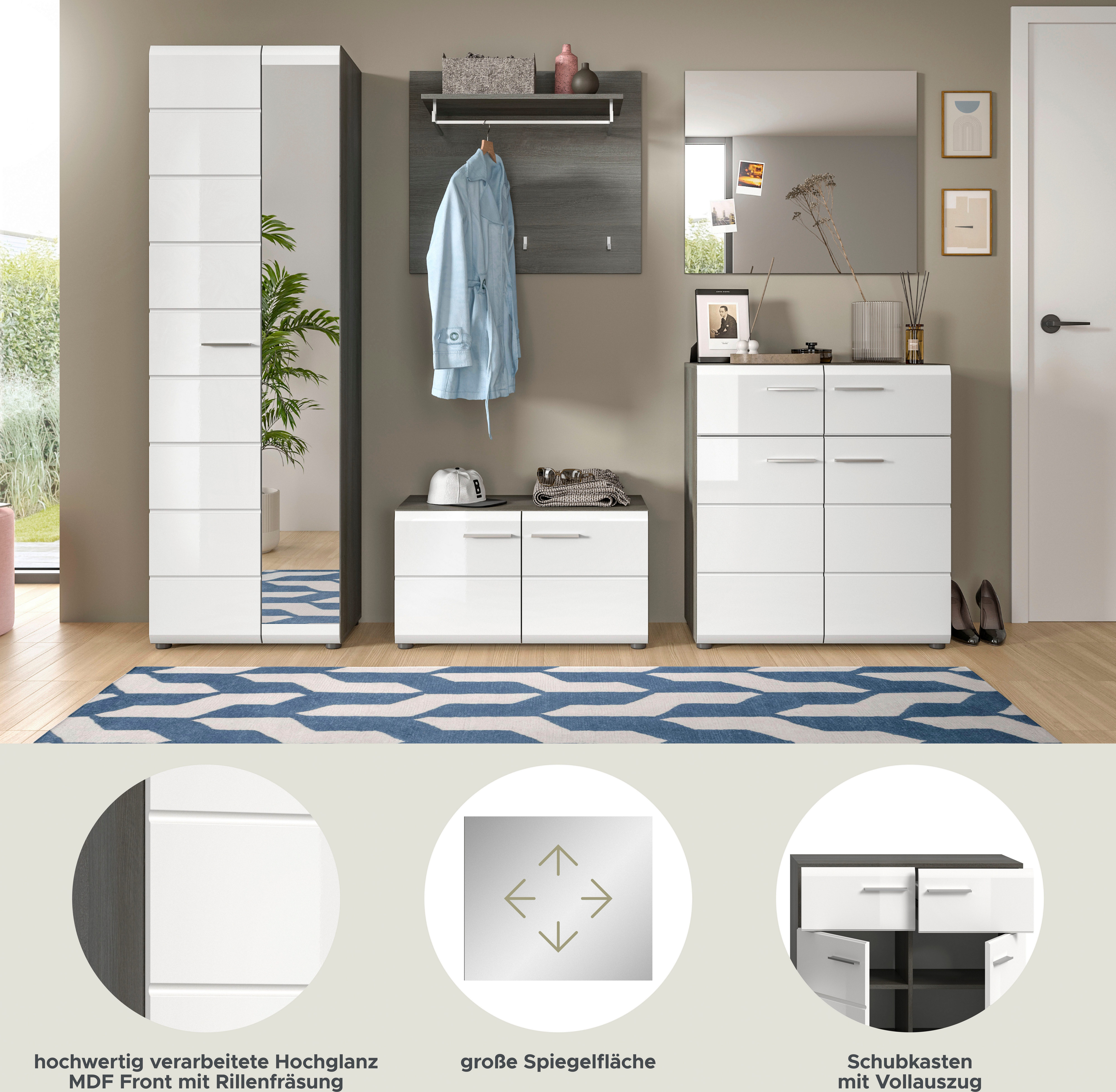 INOSIGN Halmeubelset Rumba, 5-delig, Breedte 250 cm, Hoogglans Front, bestaand uit: Garderobekast, schoenenbank, garderobepaneel, schoenenkast, spiegel (5 stuks)