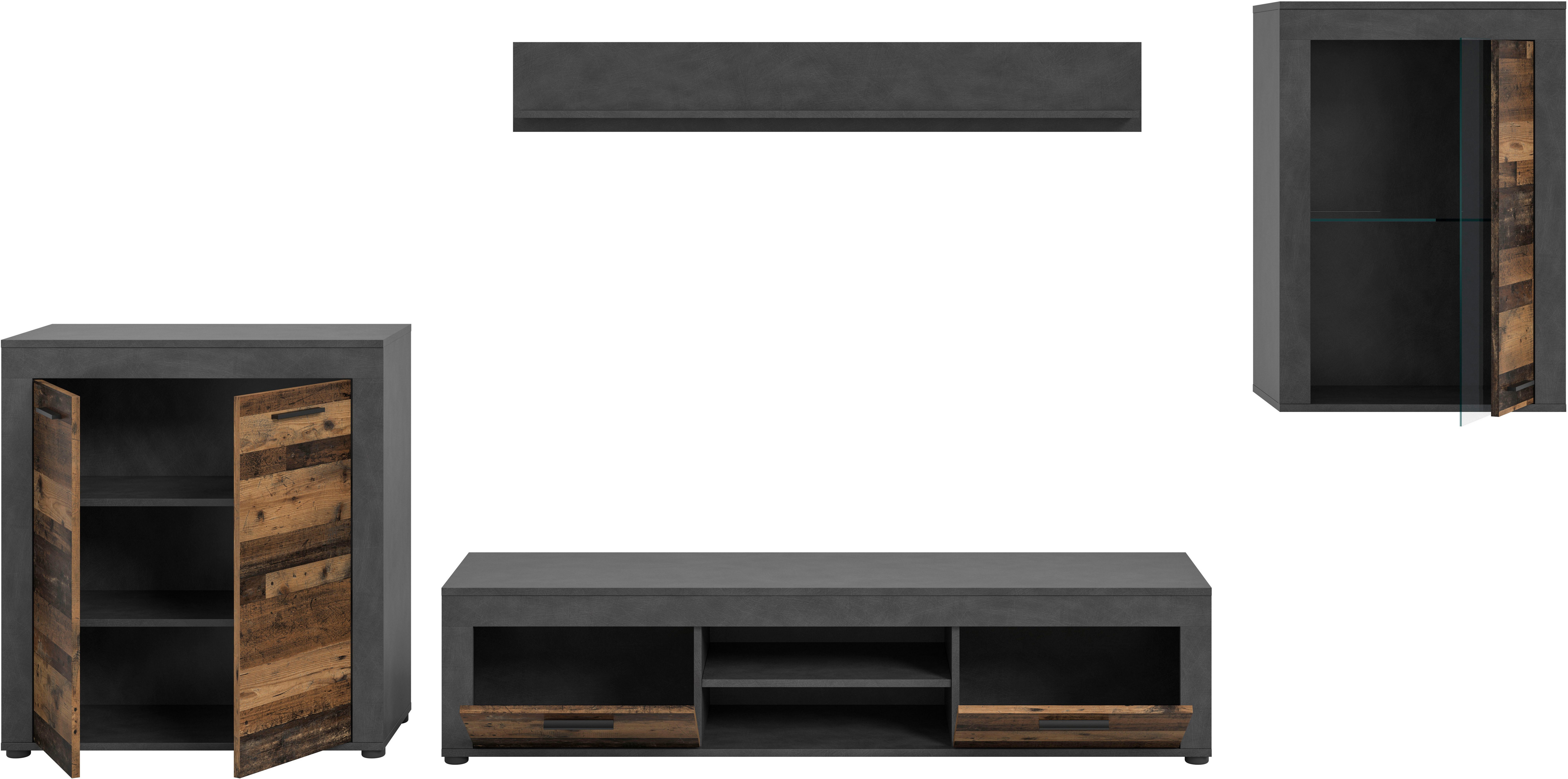 INOSIGN Wandmeubel Aosta, 4-delig, bestaande uit: highboard, lowboard, wandplank & vitrinekast (4-delig)
