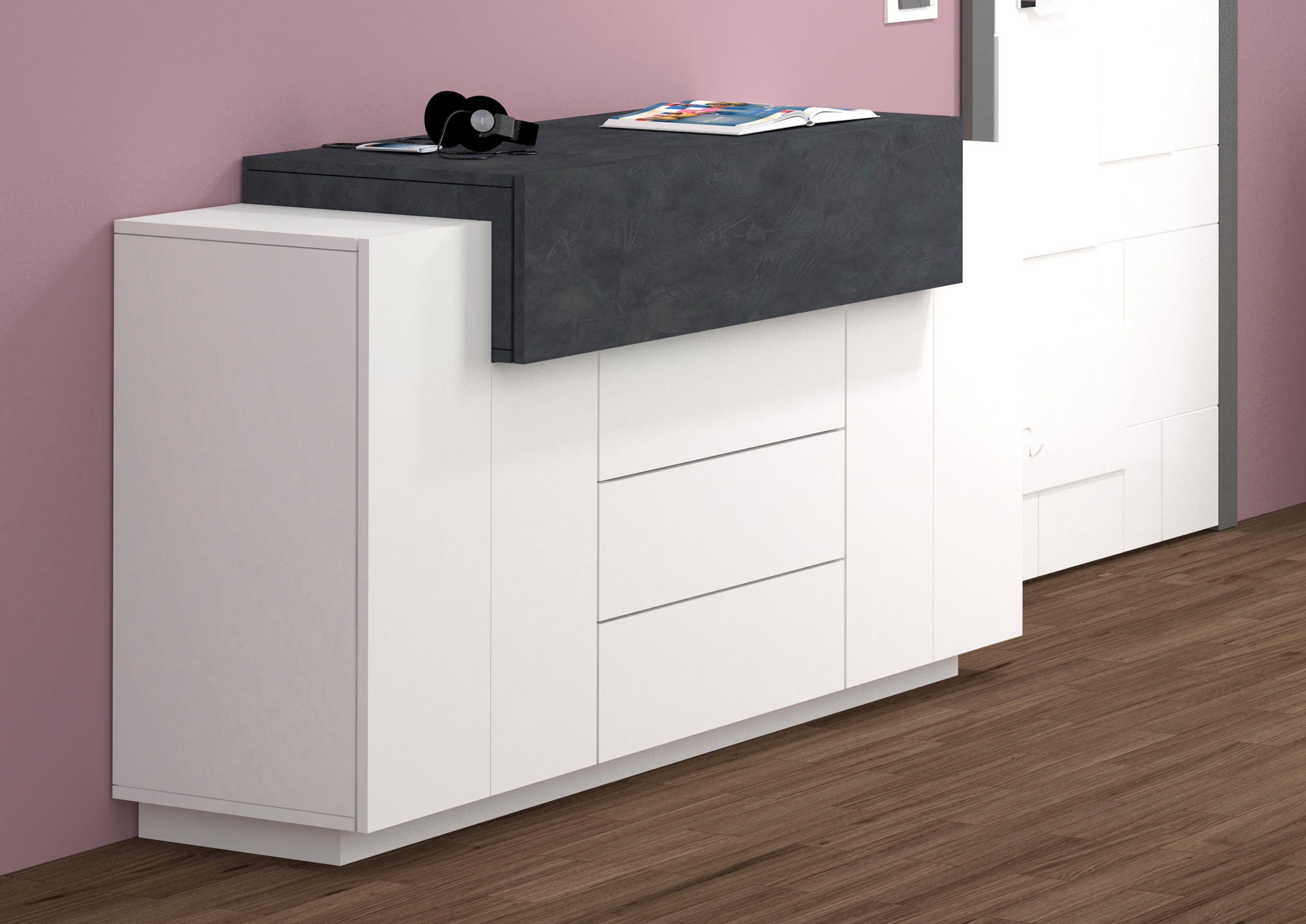 INOSIGN Kast Coro, commode, kast, buffet, greeploos 1 klep, 2 deuren, 3 laden dubbele diepte hoogglans front breedte 160 dressoirs maat 160x45x86 cm