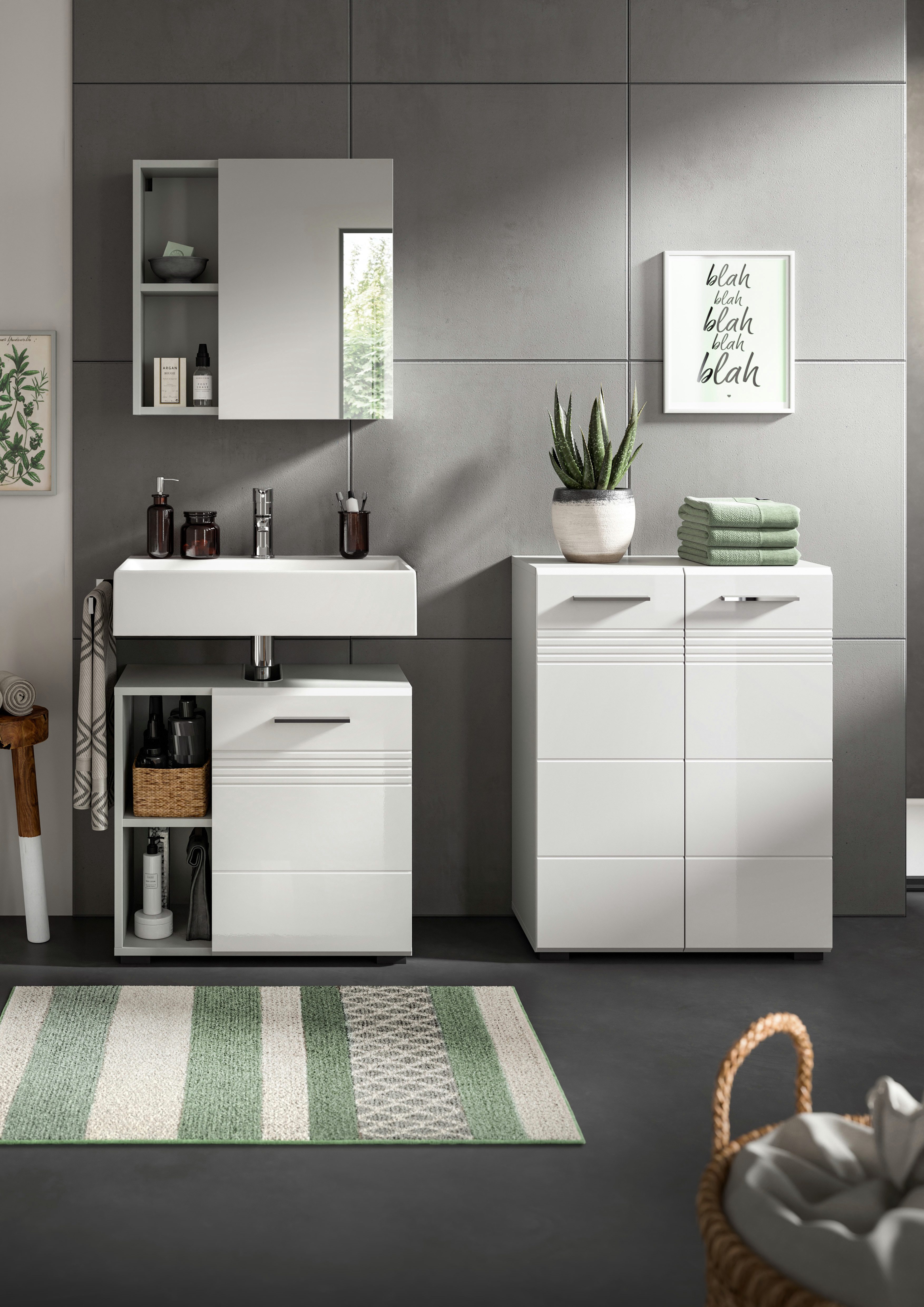 welltime Badmeubelset Calicio, bestaande uit: midikast, wastafelonderkast Spiegelschrank, hoogwaardige MDF front met groeffrasing (3 stuks)