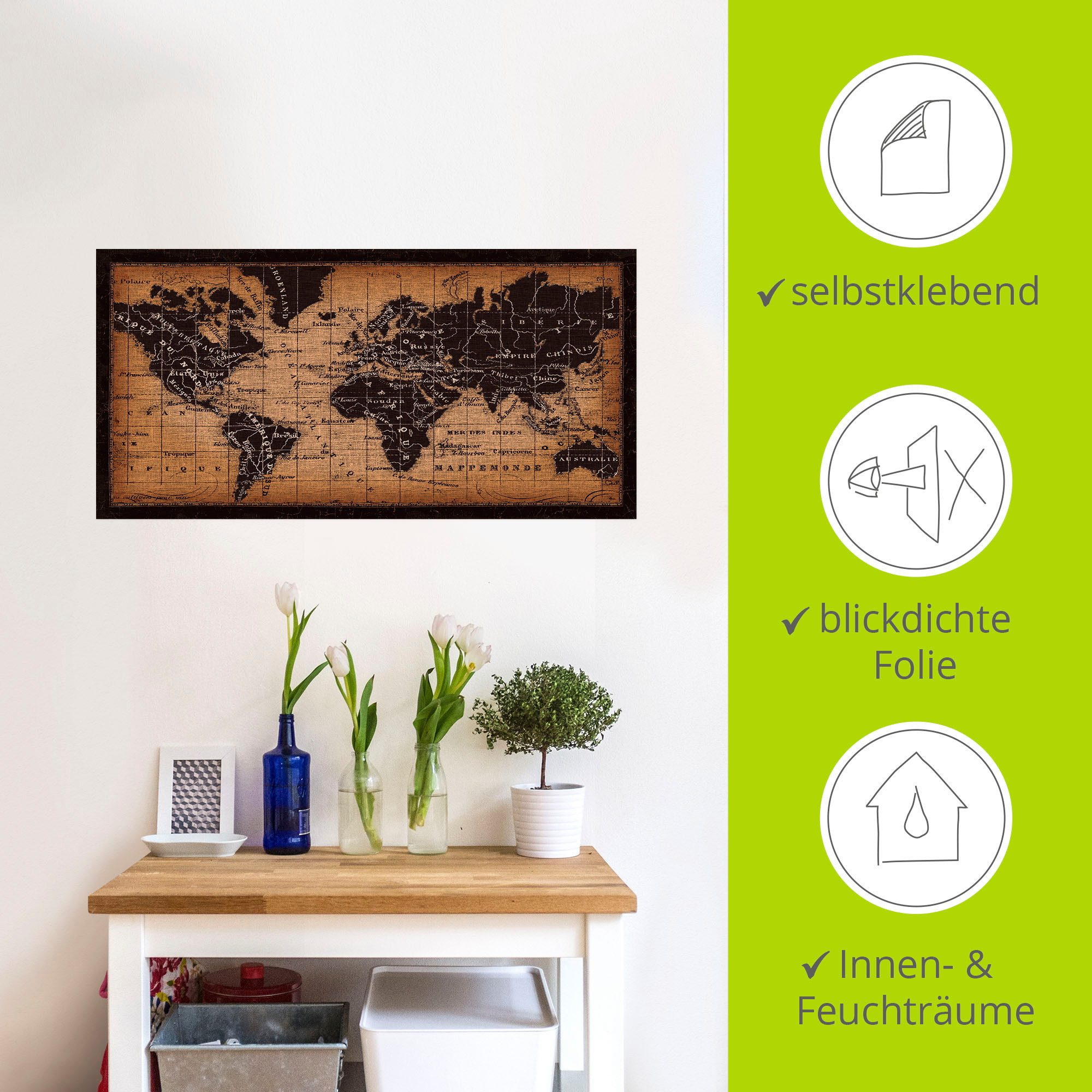 Artland Artprint Oude wereldkaart als artprint op linnen, poster, muursticker in verschillende maten