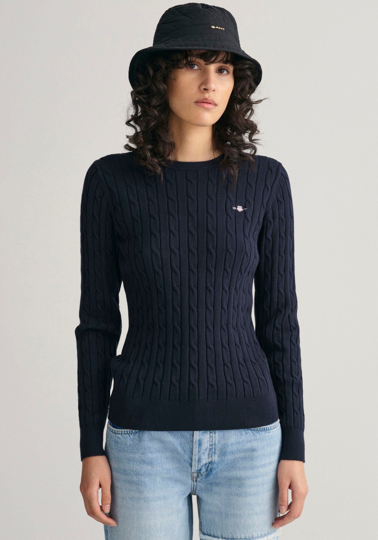 Gant Gebreide trui Stretch Cotton Cable C-Neck met logoborduursel op borsthoogte