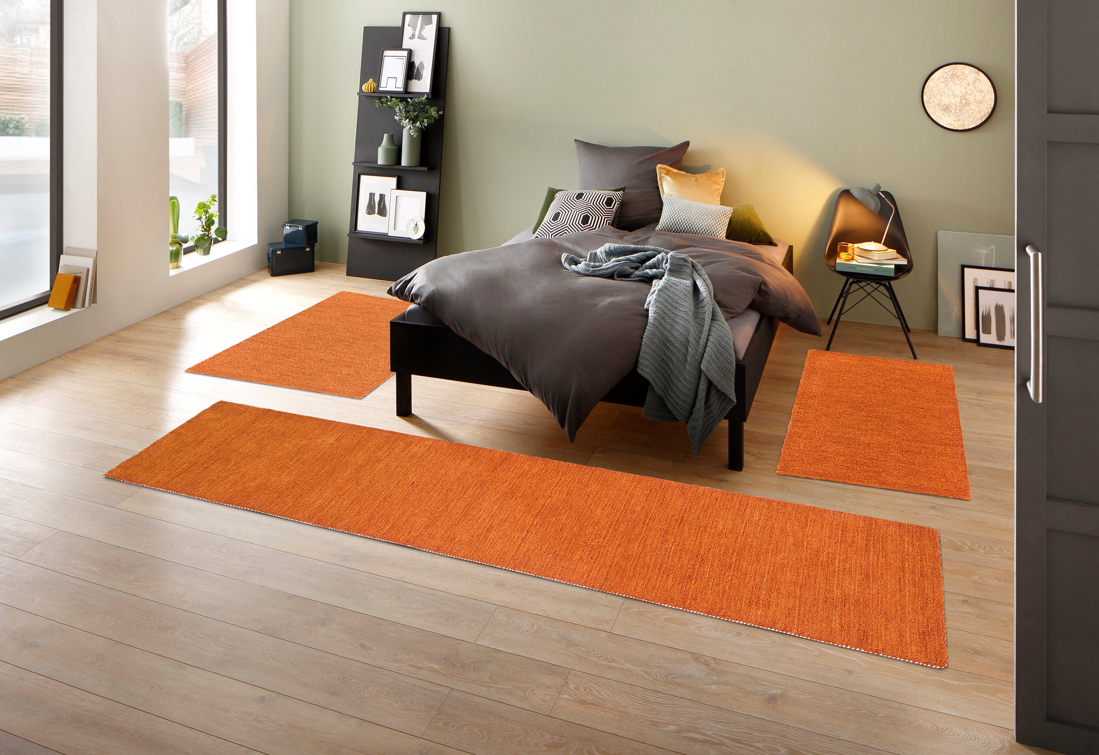 THEKO Set slaapkamerkleedjes Gabbeh uni, handgeweven tapijt, gemêleerd, 100% wol Slaapkamerkleed, unikleuren, met de hand geweven, loper-set, slaapkamer