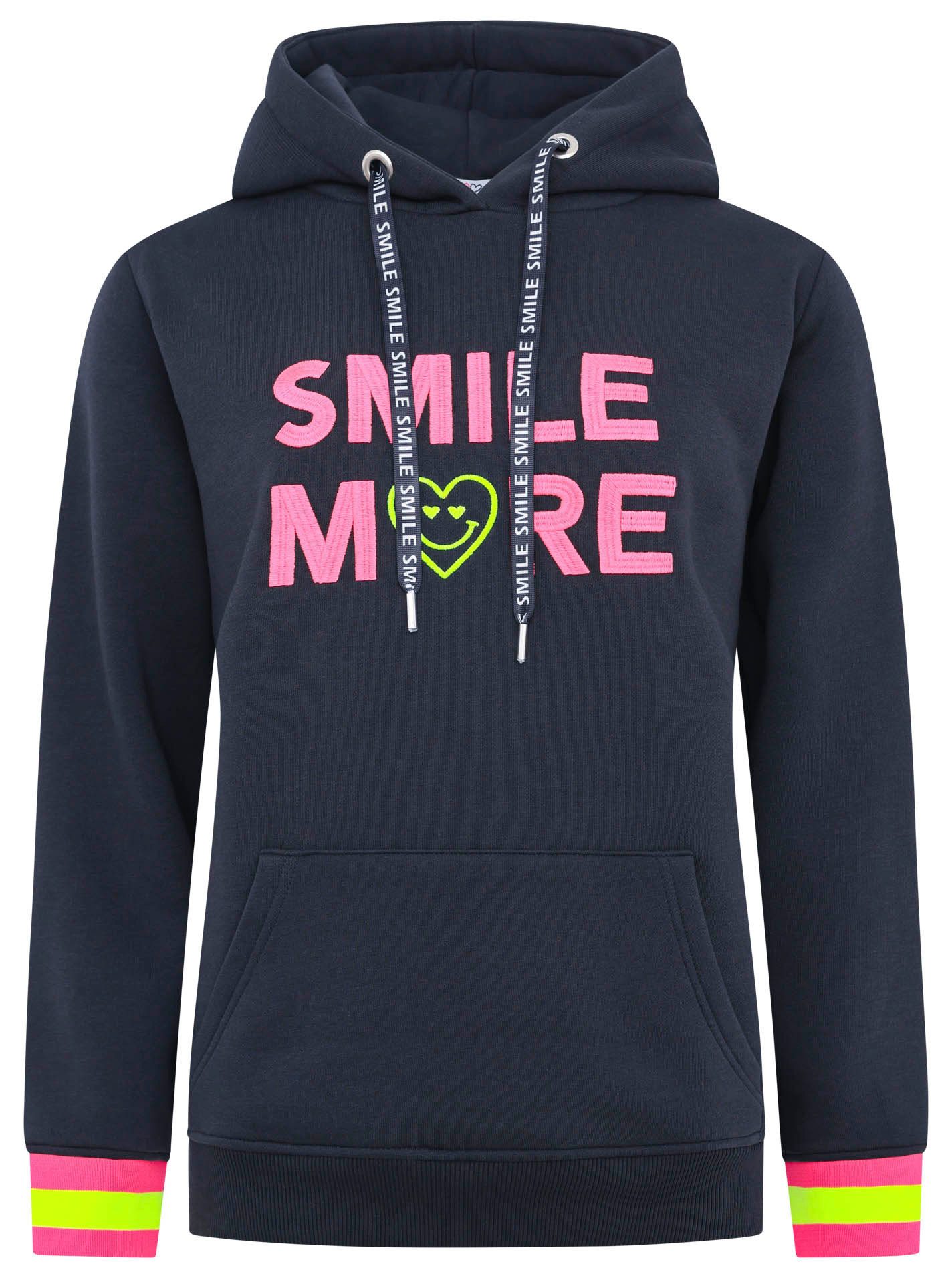 Zwillingsherz Hoodie "Smile More" met vrolijke borduursel en neonboord