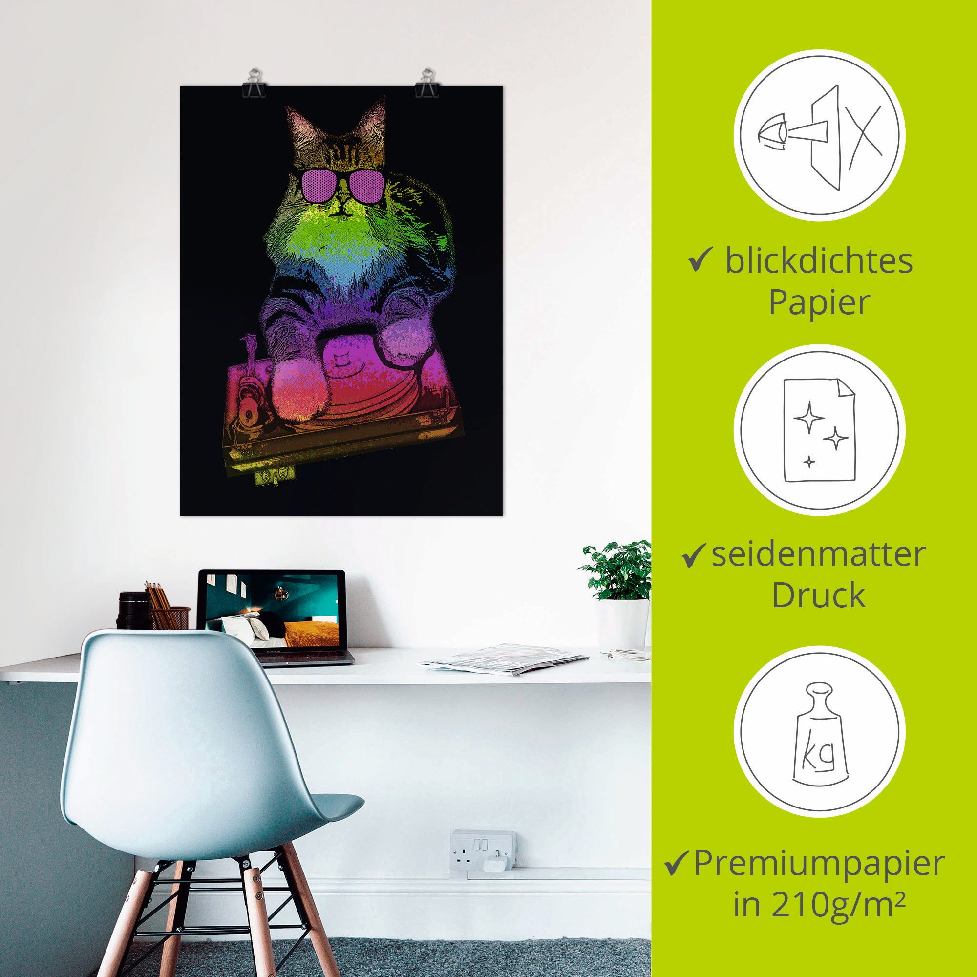 Artland Artprint Grappige dj kat party muziek als artprint van aluminium, artprint op linnen, muursticker of poster in verschillende maten