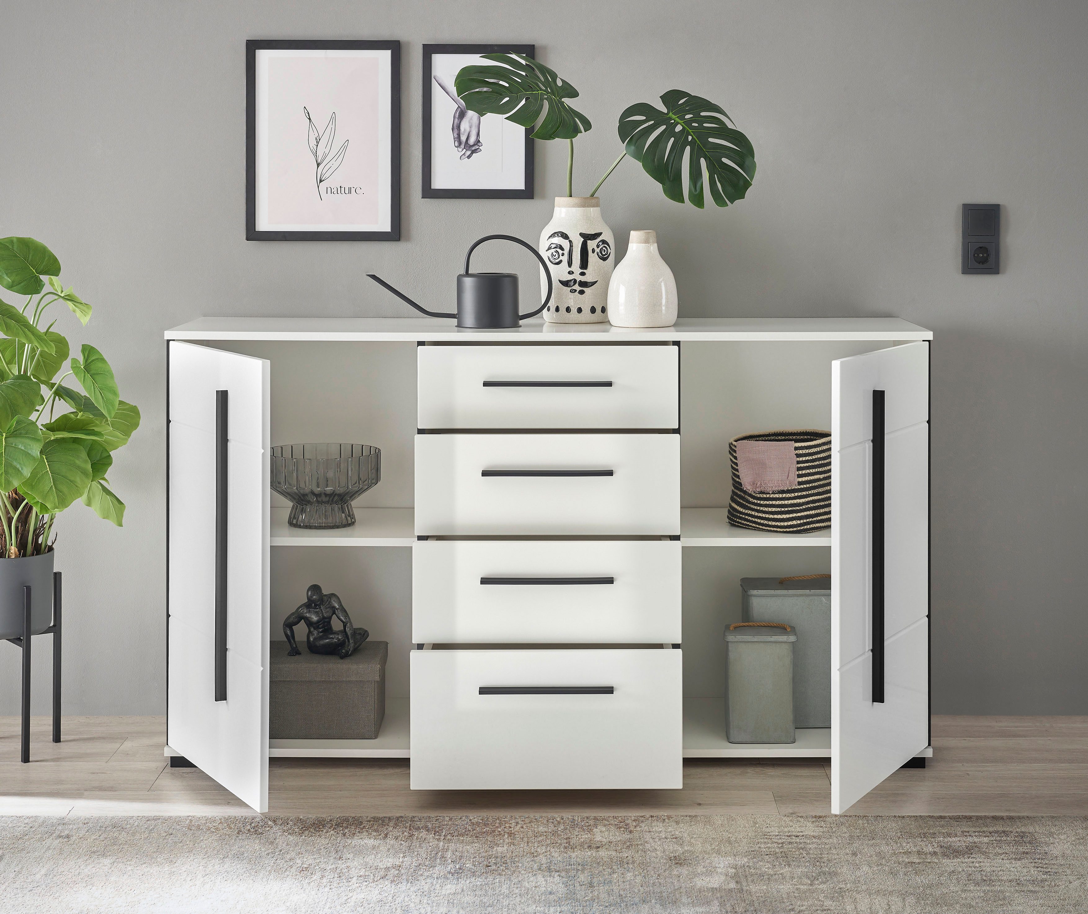 INOSIGN Dressoir Cantara, moderne kast, commode in Eiken Evoke of wit zwarte stanggreep, voldoende opbergruimte, veelzijdig inzetbaar