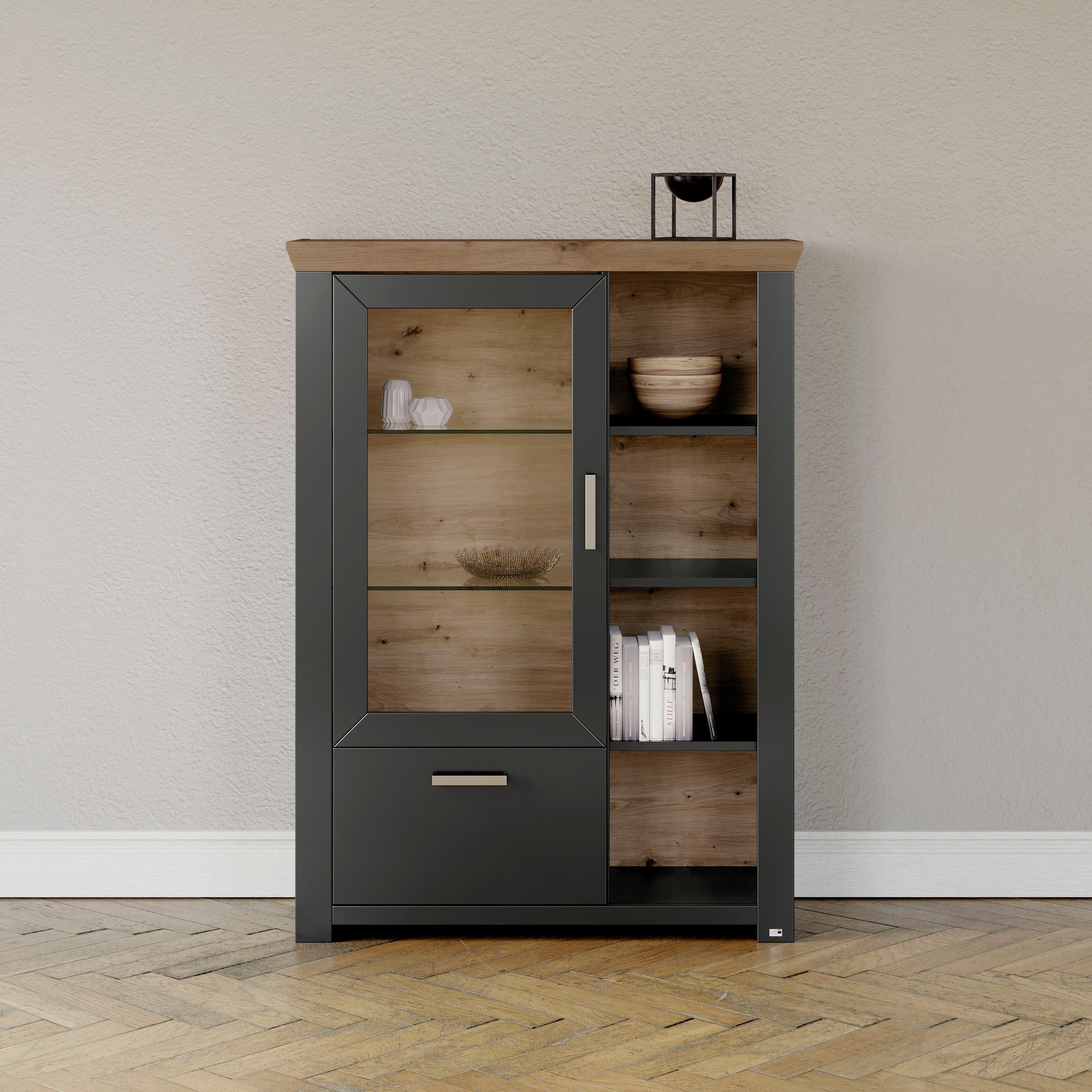 set one by Musterring Highboard York Type 13 en 14, met Glazendeur en lade, 3 kleurvarianten, B 105 cm highboards grijs