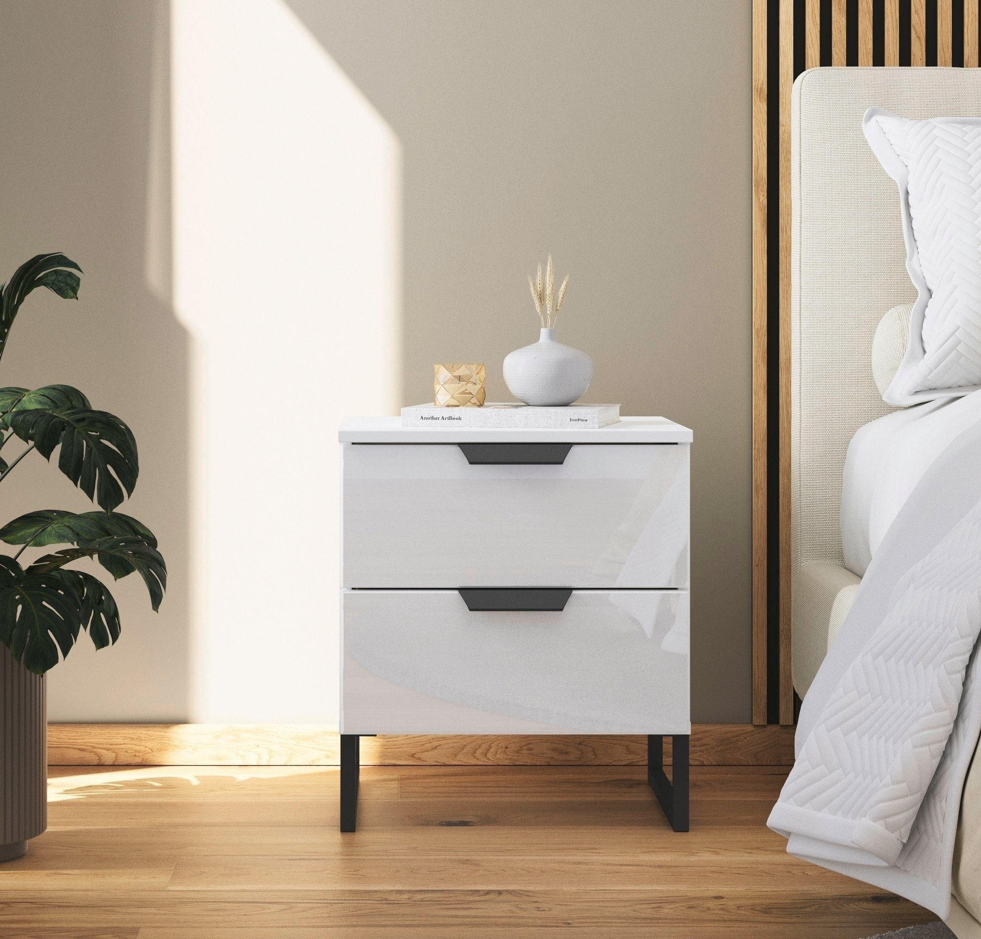 rauch Nachtkastje Modern by Aditio met glazen front en sledevoet, 2 lades met softclose-functie