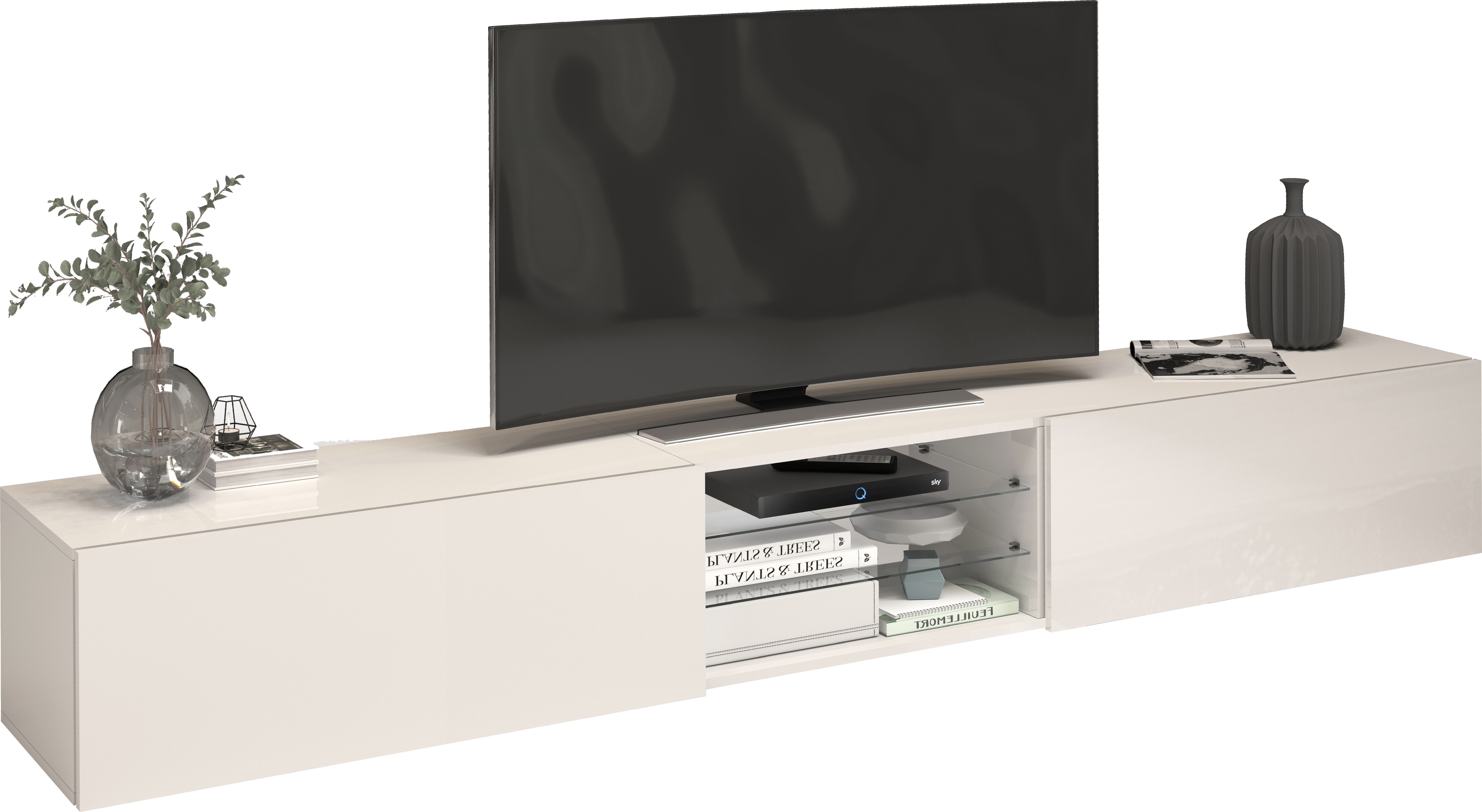 INOSIGN Tv-meubel Egypt, Lowboard, TV-ladekast, TV-meubel, TV-bank met 2 kleppen, 2 glazen planken, volledig hoogglans gelakt (b/d/h) 240x38x35 cm