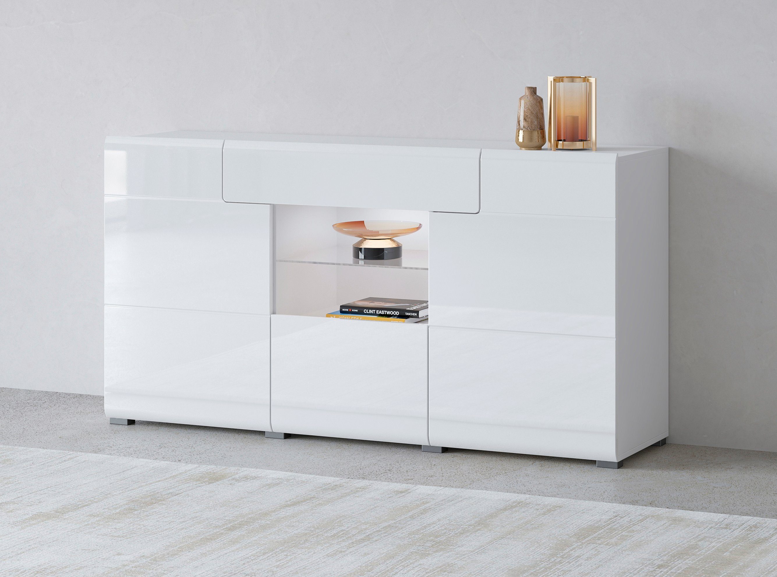 INOSIGN Dressoir Toledo, breedte 159 cm, moderne sidetable met decoratief freeswerk, greeploos dressoirs wit