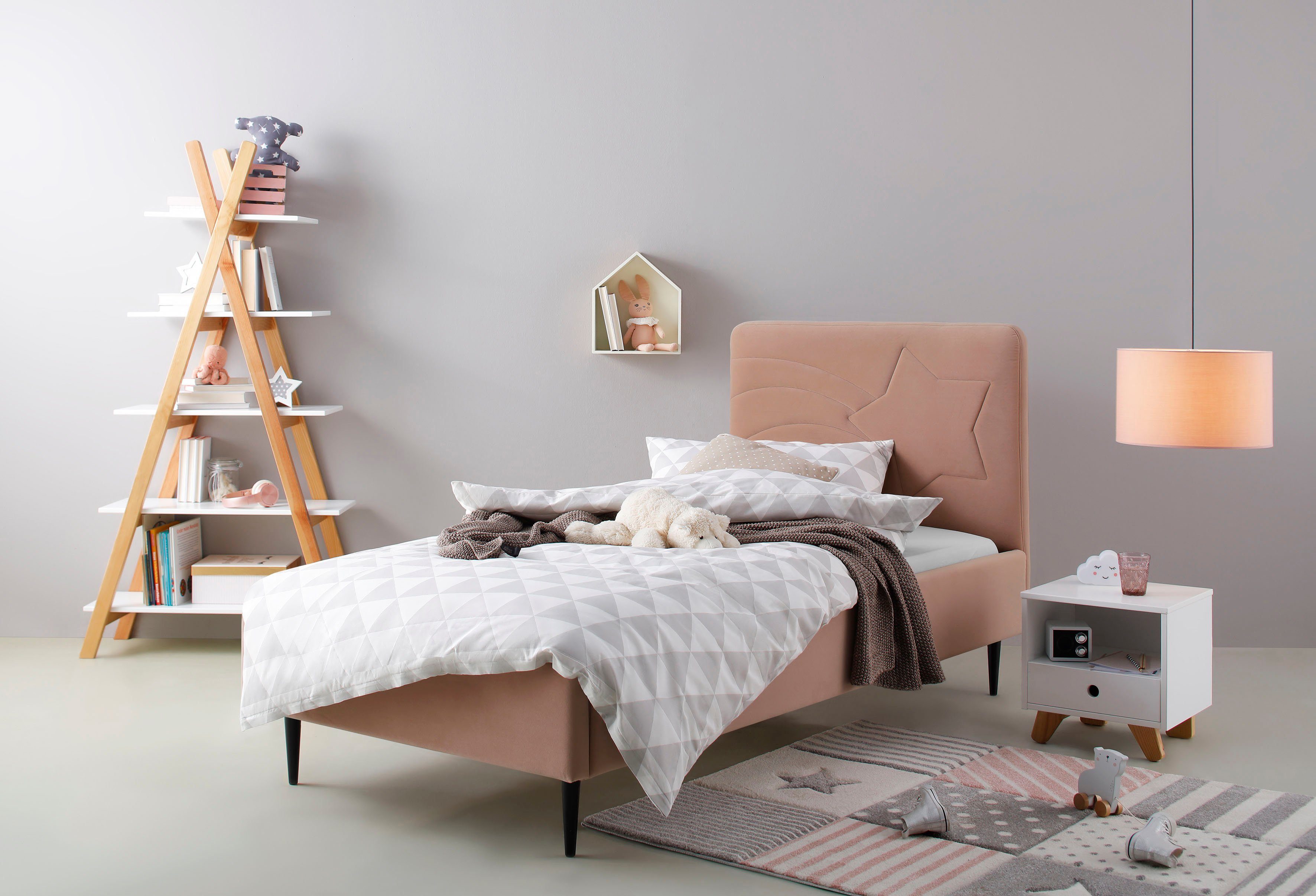 Lüttenhütt Gestoffeerd bed Jonte prettig bekleed hoofdbord met decoratief sterreliëf bedden roze