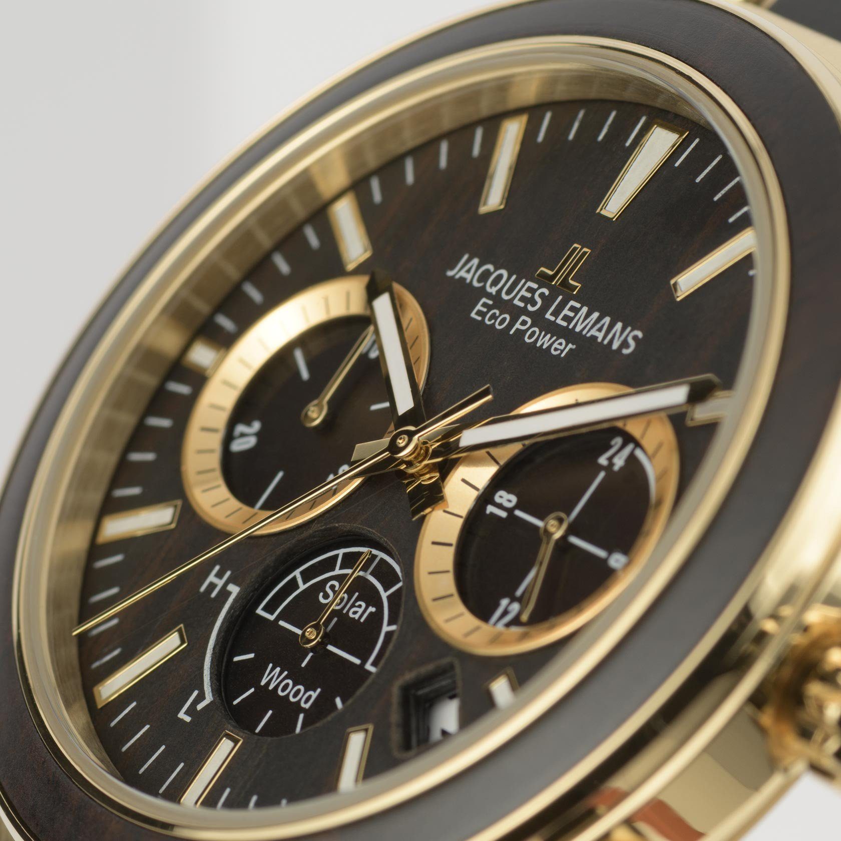 Jacques Lemans Solarhorloge Eco Power, 1-2115L Horloge, herenhorloge, datum, stopwatchfunctie, houten wijzerplaat