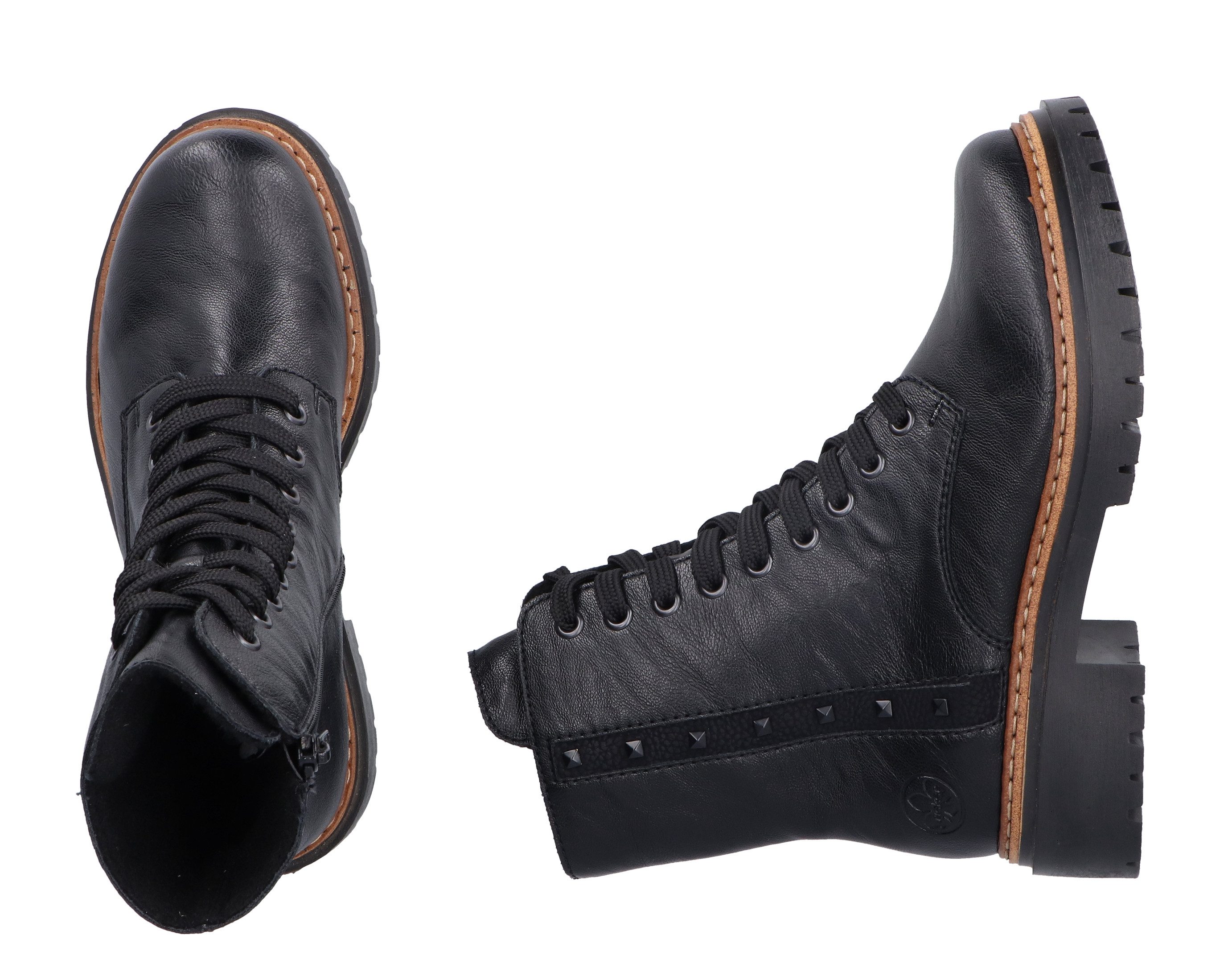 Rieker Veterlaarsjes , veterschoenen, blokhak, binnenrits en klinknagelversiering