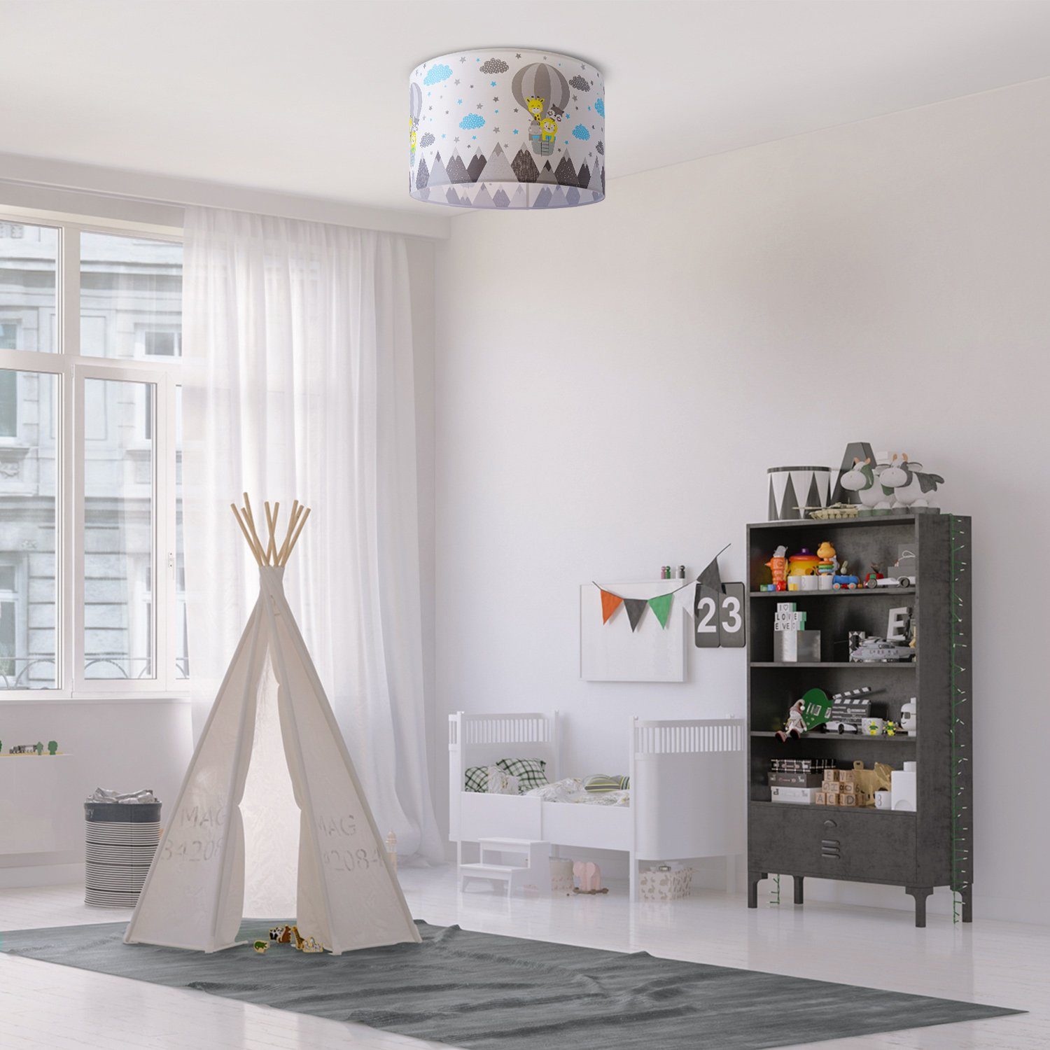 Paco Home Plafondlamp Cosmo 343 Lamp kinderkamer plafondlamp luchtballon wolken dieren zoo E27