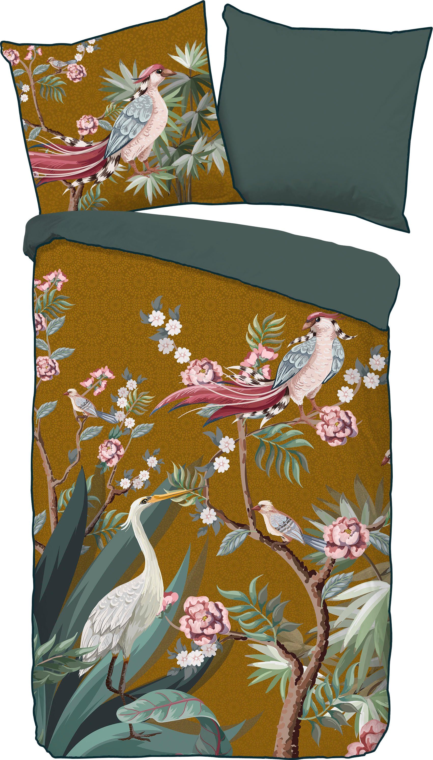 Descanso Tweezijdig te gebruiken overtrekset Sarenza Mako-satijn, 135x200, Bies, Rits, Omkeerbaar, Bloemen, Grijs (2-delig)