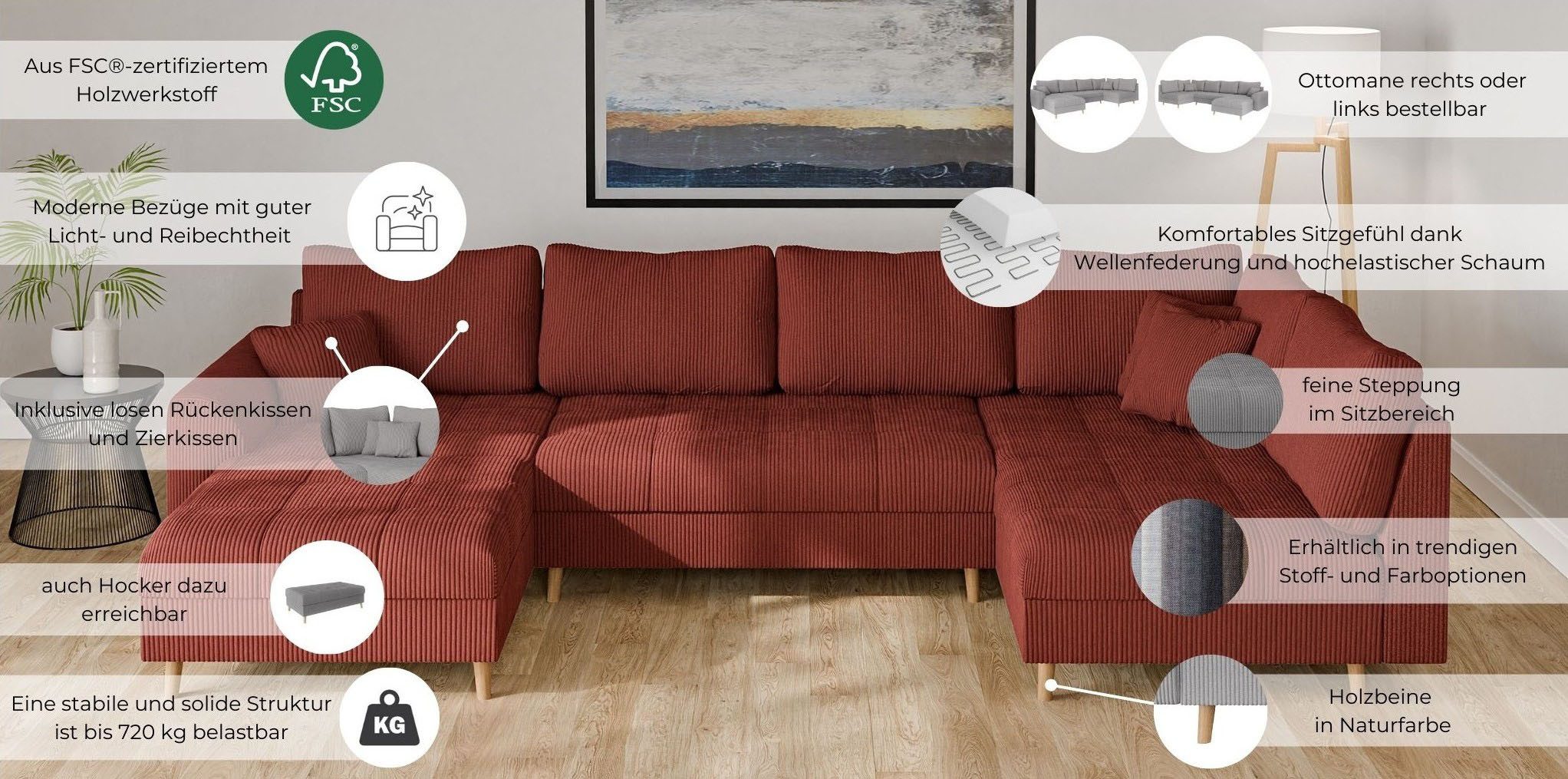 Home affaire Zithoek CHARRE U-vorm met ottomane, afmetingen B/D/H: 310/161/81 cm fijne stiksels, losse rug- en sierkussens, ook in cord en bouclé