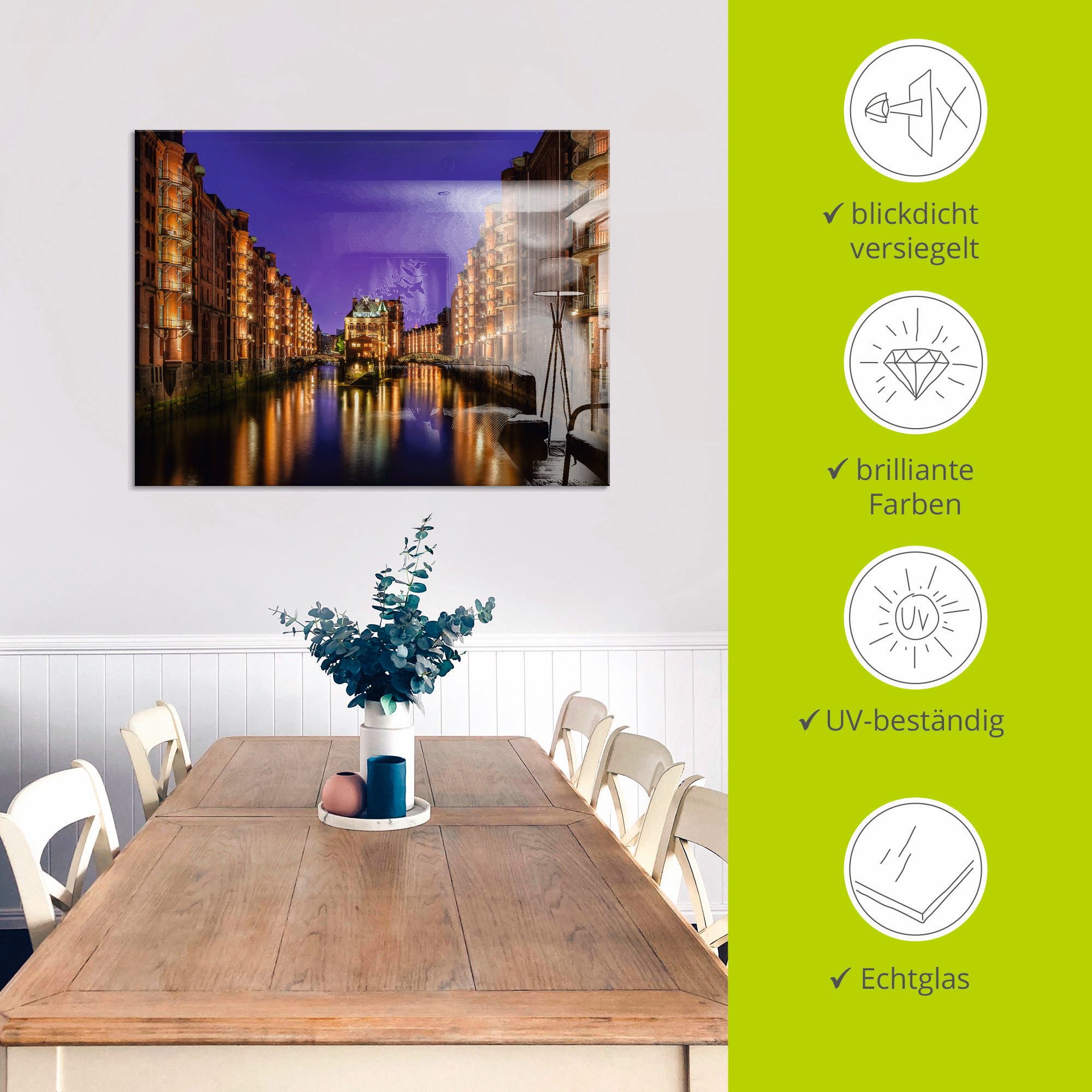Artland Print op glas Hamburg Speicherstadt 's nachts
