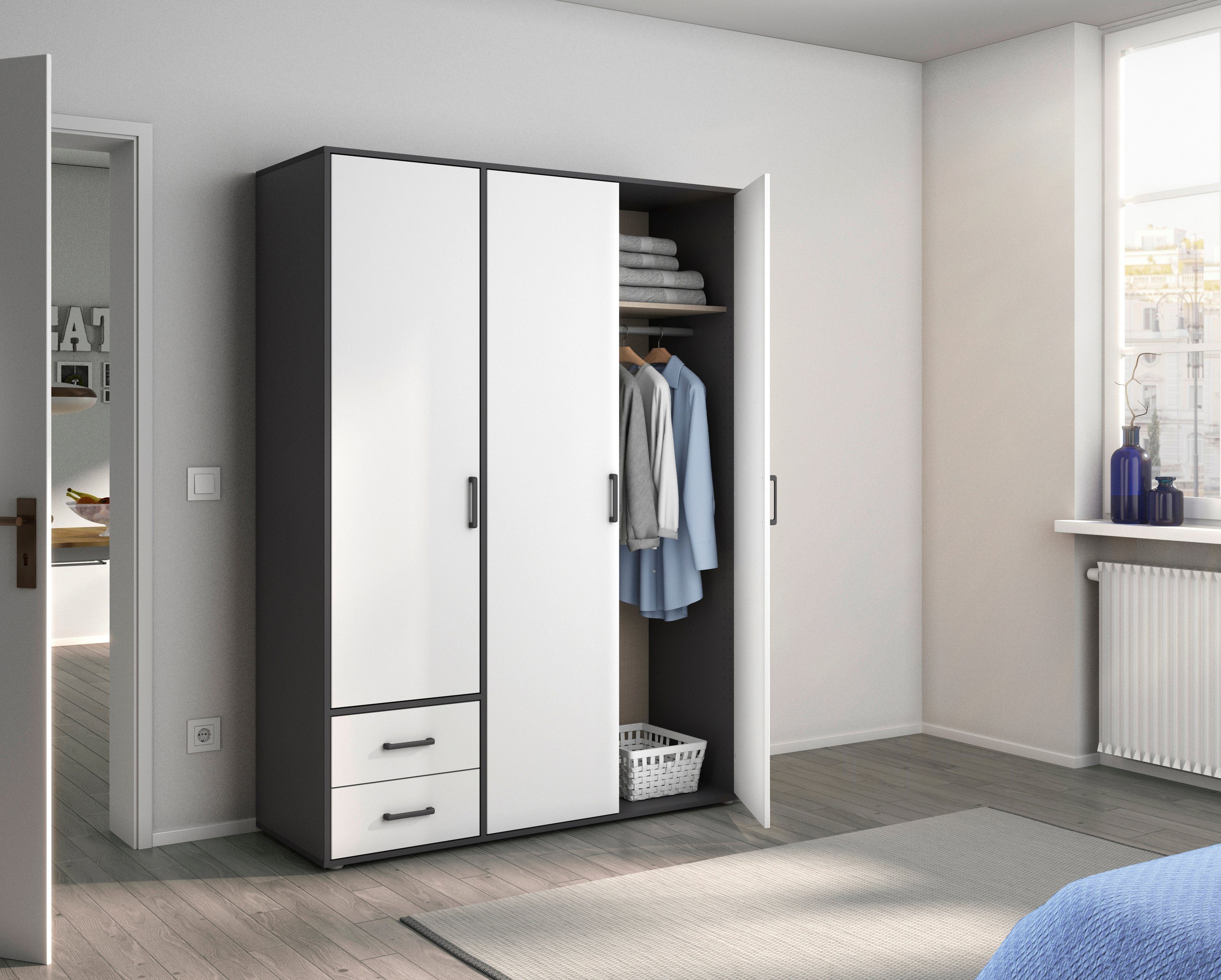 rauch Draaideurkast Voyager, kledingkast met buitenladen, garderobe moderne grepen in grijs metallic met buitenlades made in germany